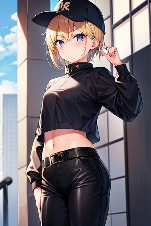 1girl, gakuran, black clothes, blonde hair, flat chest, black pants, pants, surgical mask, hat, baseball cap, short hair, black eyes, covered mouth, belt