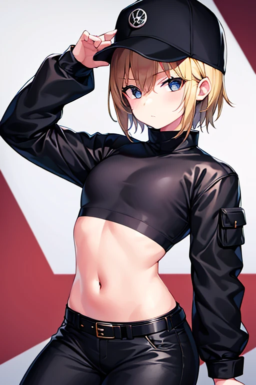 1girl, gakuran, black clothes, blonde hair, flat chest, black pants, pants, surgical mask, hat, baseball cap, short hair, black eyes, covered mouth, belt