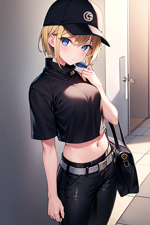 1girl, gakuran, black clothes, blonde hair, flat chest, black pants, pants, surgical mask, hat, baseball cap, short hair, black eyes, covered mouth, belt