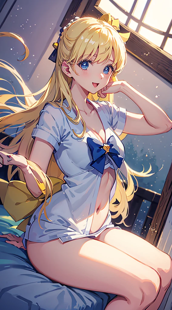 (A superb exquisite Sailor Venus), (Sailor Venus:1.5), (aino minako)、(Sailor Senshi Uniform), (red ribon), blue eyes, Yellow hair, natural straight hair, straight bangs, solo, nature, extremely delicate, straight facial features, peerless beautiful girl, soft, (sensual face), ((ecchi face)), dreamy quality, exaggerated facial features, solid color, frank holly, delicate face, bright lips, slender waist, soft curves, real light and shadow, super fine, 4k, natural moving, Ultra high resolution, (masterpiece:1.2, best quality), (finely detailed beautiful eyes: 1.2), (beautiful detailed face), sexy nude model, sexy pose, (midium chest), (Perfect Body Proportions), (bedroom), Mekosuji, Spread your legs a little and show off your crotch,