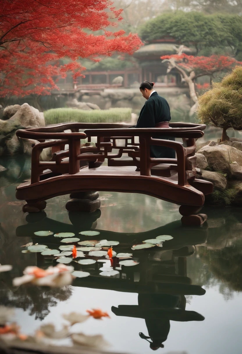 A photo of the character practicing traditional Chinese calligraphy by a tranquil koi pond,original,he is rick astley