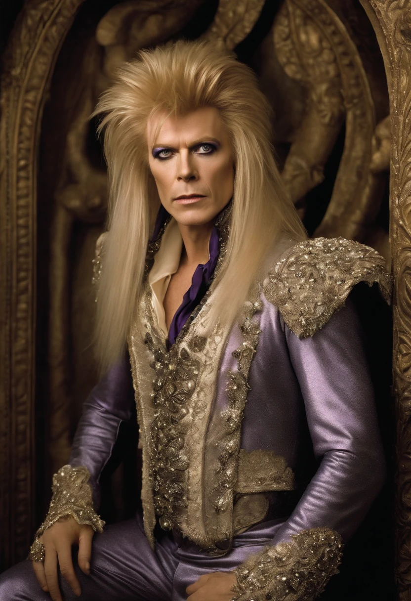 A photo of Jareth, the Goblin King, standing at the entrance of the Underground's grand ballroom, adorned in an opulent ensemble of velvet, lace, and silver accents.,Labyrinth,Jareth has long spiky blonde hair, purple eyeshadow with cat-eye eyeliner, wears a frilly shirt and tight pants, and a high open collar. Portrayed by David Bowie in the film "Labyrinth"