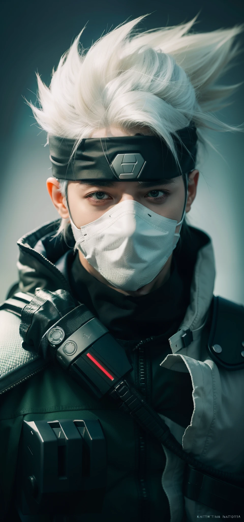 A futuristic ninja with white hair, A cut on left eyes, red eyes, with masker,holding Knife, headband,green jacket,Futuristic,best quality, realism, hatake Kakashi from Naruto, handsome man, realistic, 8k, Best quality, Masterpiece, High resolution, Ultra Realistic, Kakashi, Ninja, Glitch effect, Futuristic tobots, thunder effect, Cinematic photography, 8k wallpaper, Glitch