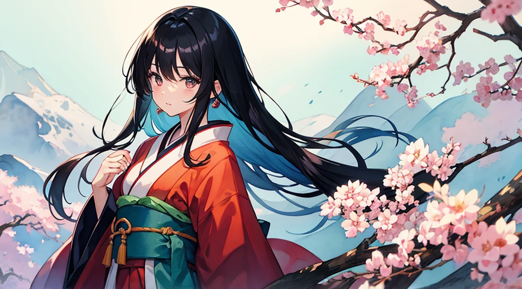 watercolor, Japanese mythology, black hair girl