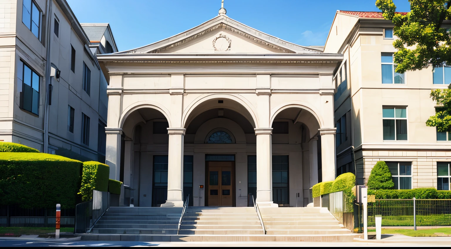 The front entrance to a large public school, centered, outside school gate, steps