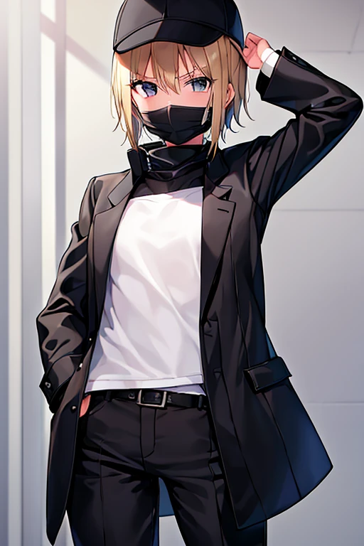 1girl, gakuran, black clothes, blonde hair, flat chest, black pants, pants, surgical mask, hat, baseball cap, short hair, black eyes, covered mouth, belt, black shirt, long pants, long shirt, jacket, mask