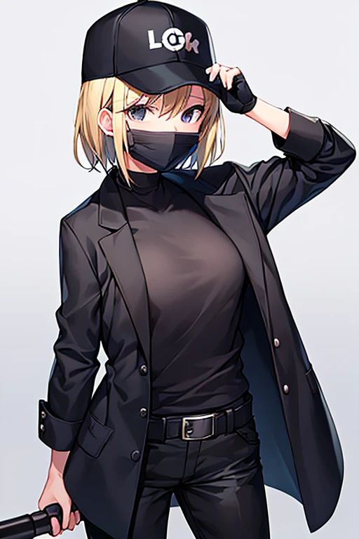 1girl, gakuran, black clothes, blonde hair, flat chest, black pants, pants, surgical mask, hat, baseball cap, short hair, black eyes, covered mouth, belt, black shirt, long pants, long shirt, jacket, mask
