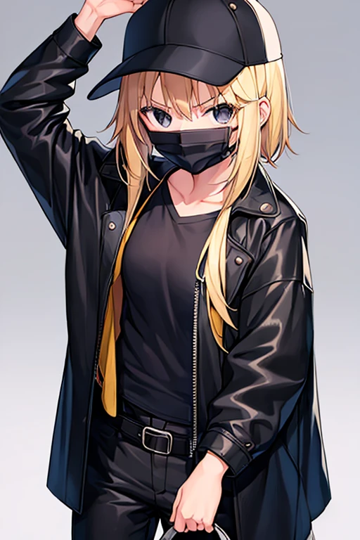 1girl, gakuran, black clothes, blonde hair, flat chest, black pants, pants, surgical mask, hat, baseball cap, short hair, black eyes, covered mouth, belt, black shirt, long pants, long shirt, jacket, mask