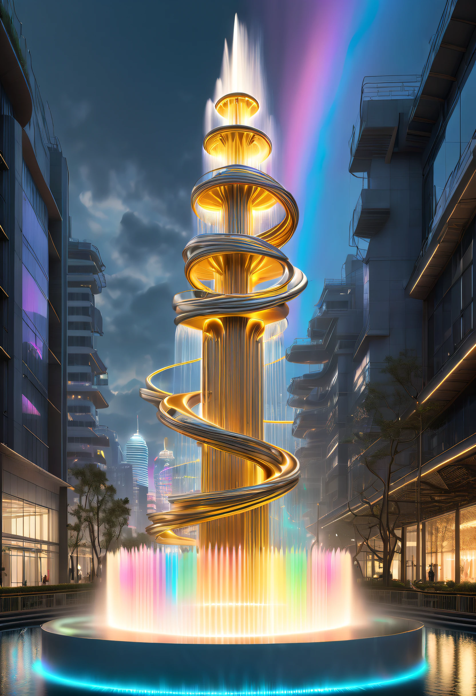 (Spectacular futuristic sci-fi night fountain:1.3)。Fountain erupts from steam engine,sparkling silver water column,The entire fountain looks mysterious and high-tech。 The shape of the water column in the fountain is also very futuristic.,(line art:1.5),Colored lines,Figures woven with metal threads,braided with metal thread,model shoot style,abstract painting, (extremely detaild的 CG unified 8k wallpapers), A chaotic storm of lines rises from a complex rainbow of smoke overhead, Stylized abstract portrait of beautiful girl,heavy metal style,postmodern industrial style,ultra-realistic realism,Image of beautiful woman sculpture made from thin metal wire, golden curve structure, Woman sculpture made of wire, Spiral dripping gold, Metal curve composition, Winding streets, abstract female sculpture, Small whirlpools, abstract sculpture, twist, Rotated, complex metal wires, spirals, long exposure photos, line sleek, complex light