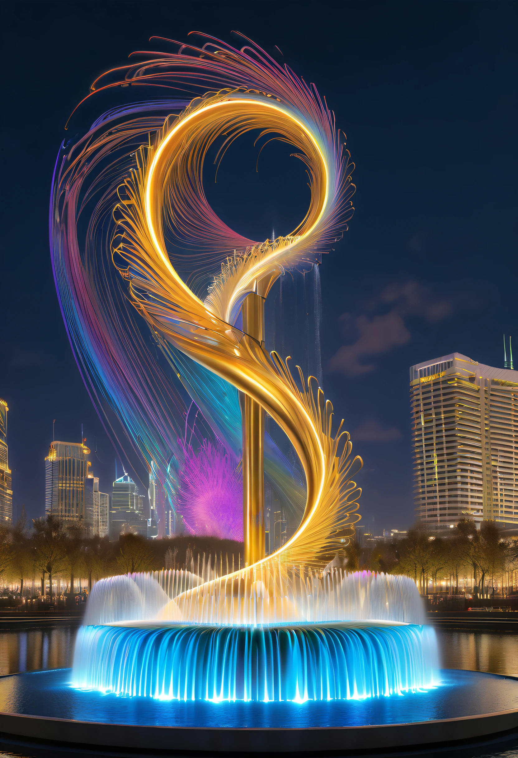 (Spectacular futuristic sci-fi night fountain:1.3)。Fountain erupts from steam engine，sparkling silver water column，The entire fountain looks mysterious and high-tech。 The shape of the water column in the fountain is also very futuristic.，(line art:1.5)，Colored lines，Figures woven with metal threads，braided with metal thread，model shoot style,abstract painting, (extremely detaild的 CG unified 8k wallpapers), A chaotic storm of lines rises from a complex rainbow of smoke overhead, Stylized abstract portrait of beautiful girl,heavy metal style，postmodern industrial style，ultra-realistic realism，Image of beautiful woman sculpture made from thin metal wire, golden curve structure, Woman sculpture made of wire, Spiral dripping gold, Metal curve composition, Winding streets, abstract female sculpture, Small whirlpools, abstract sculpture, twist, Rotated, complex metal wires, spirals, long exposure photos, line sleek, complex light