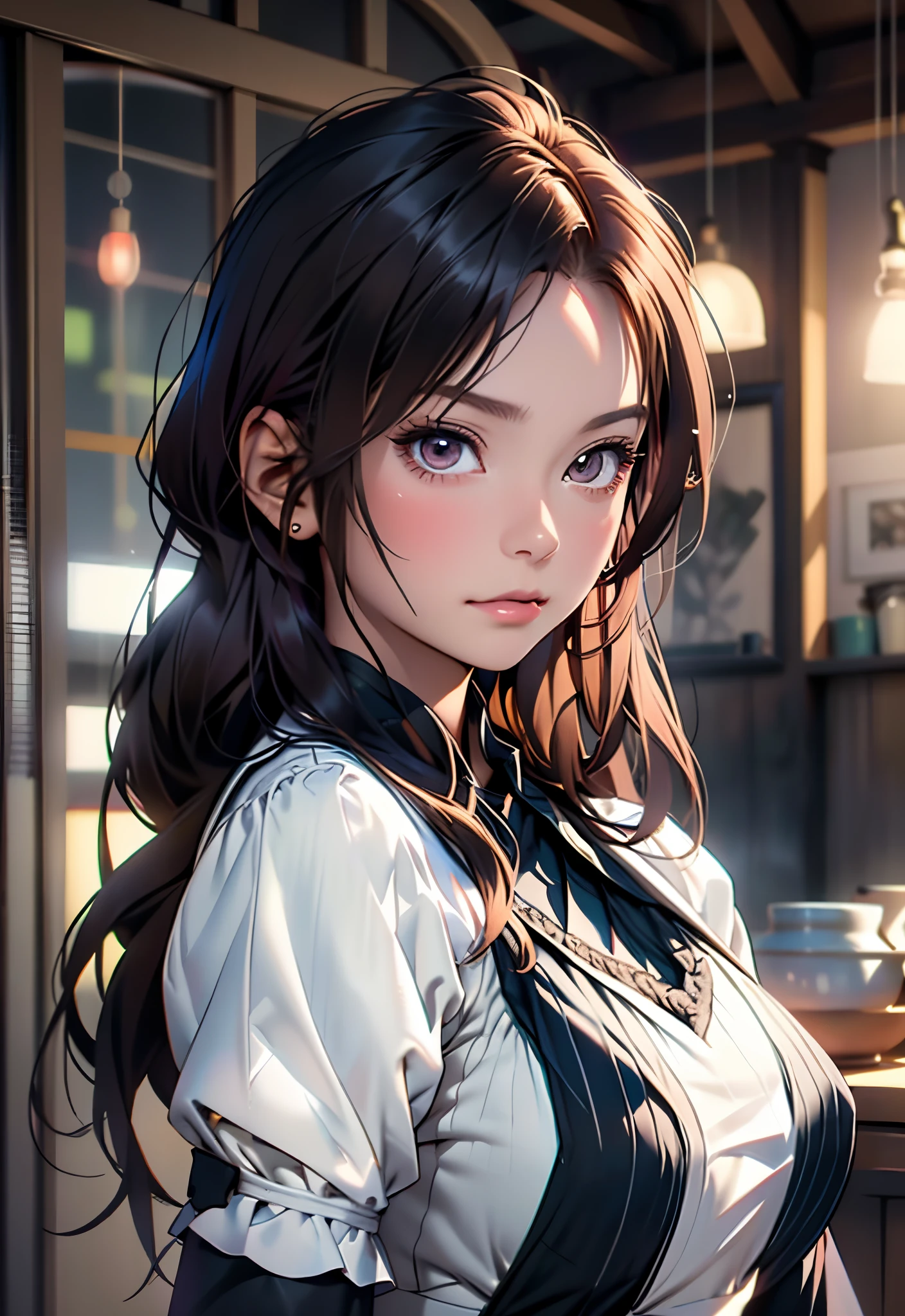8K, of the highest quality, masutepiece:1.2), (Realistic, Photorealsitic:1.37), of the highest quality, masutepiece, Beautiful young woman, Pensive expression,、A charming、and an inviting look, Cute Maid Clothes, Hair tied back, Cinematic background, Light skin tone