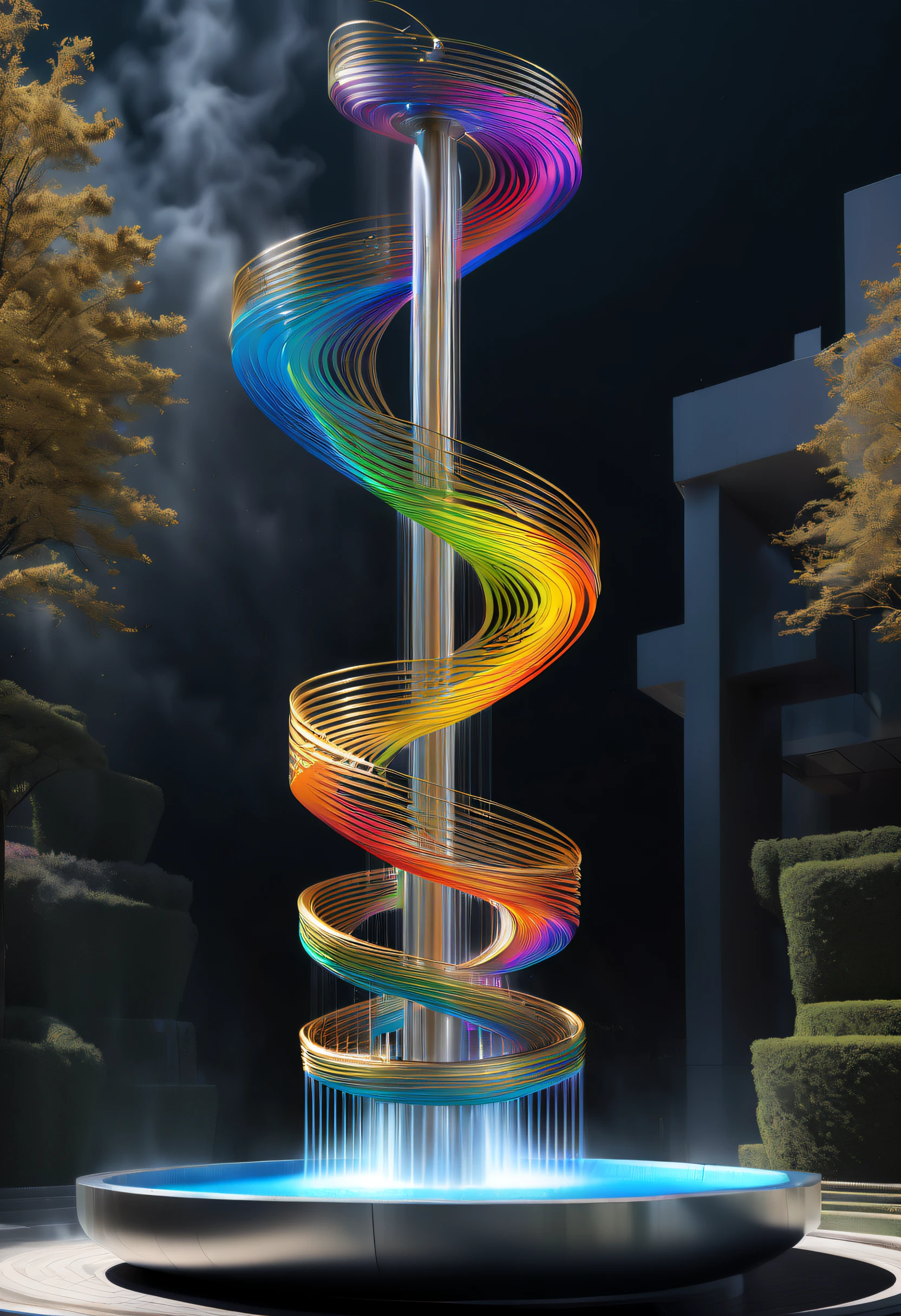 (Spectacular futuristic sci-fi night fountain:1.3)。Fountain erupts from steam engine，sparkling silver water column，The entire fountain looks mysterious and high-tech。 The shape of the water column in the fountain is also very futuristic.，(line art:1.5)，Colored lines，Figures woven with metal threads，braided with metal thread，model shoot style,abstract painting, (extremely detaild的 CG unified 8k wallpapers), A chaotic storm of lines rises from a complex rainbow of smoke overhead, Stylized abstract portrait of beautiful girl,heavy metal style，postmodern industrial style，ultra-realistic realism，Image of beautiful woman sculpture made from thin metal wire, golden curve structure, Woman sculpture made of wire, Spiral dripping gold, Metal curve composition, Winding streets, abstract female sculpture, Small whirlpools, abstract sculpture, twist, Rotated, complex metal wires, spirals, long exposure photos, line sleek, complex light