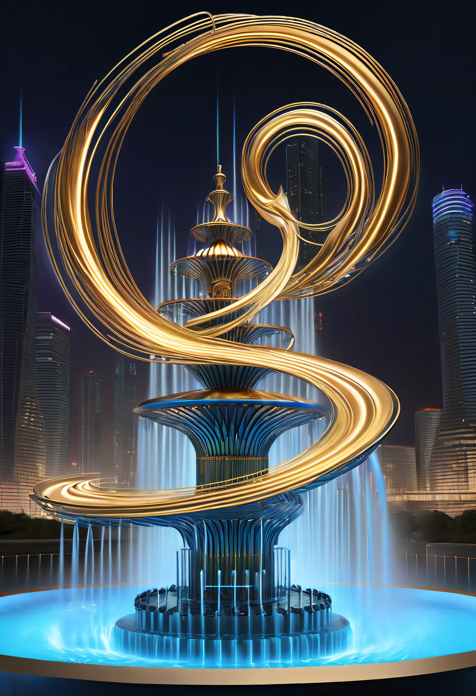 (Spectacular futuristic sci-fi night fountain:1.3)。Fountain erupts from steam engine，sparkling silver water column，The entire fountain looks mysterious and high-tech。 The shape of the water column in the fountain is also very futuristic.，(line art:1.5)，Colored lines，Figures woven with metal threads，braided with metal thread，model shoot style,abstract painting, (extremely detaild的 CG unified 8k wallpapers), A chaotic storm of lines rises from a complex rainbow of smoke overhead, Stylized abstract portrait of beautiful girl,heavy metal style，postmodern industrial style，ultra-realistic realism，Image of beautiful woman sculpture made from thin metal wire, golden curve structure, Woman sculpture made of wire, Spiral dripping gold, Metal curve composition, Winding streets, abstract female sculpture, Small whirlpools, abstract sculpture, twist, Rotated, complex metal wires, spirals, long exposure photos, line sleek, complex light
