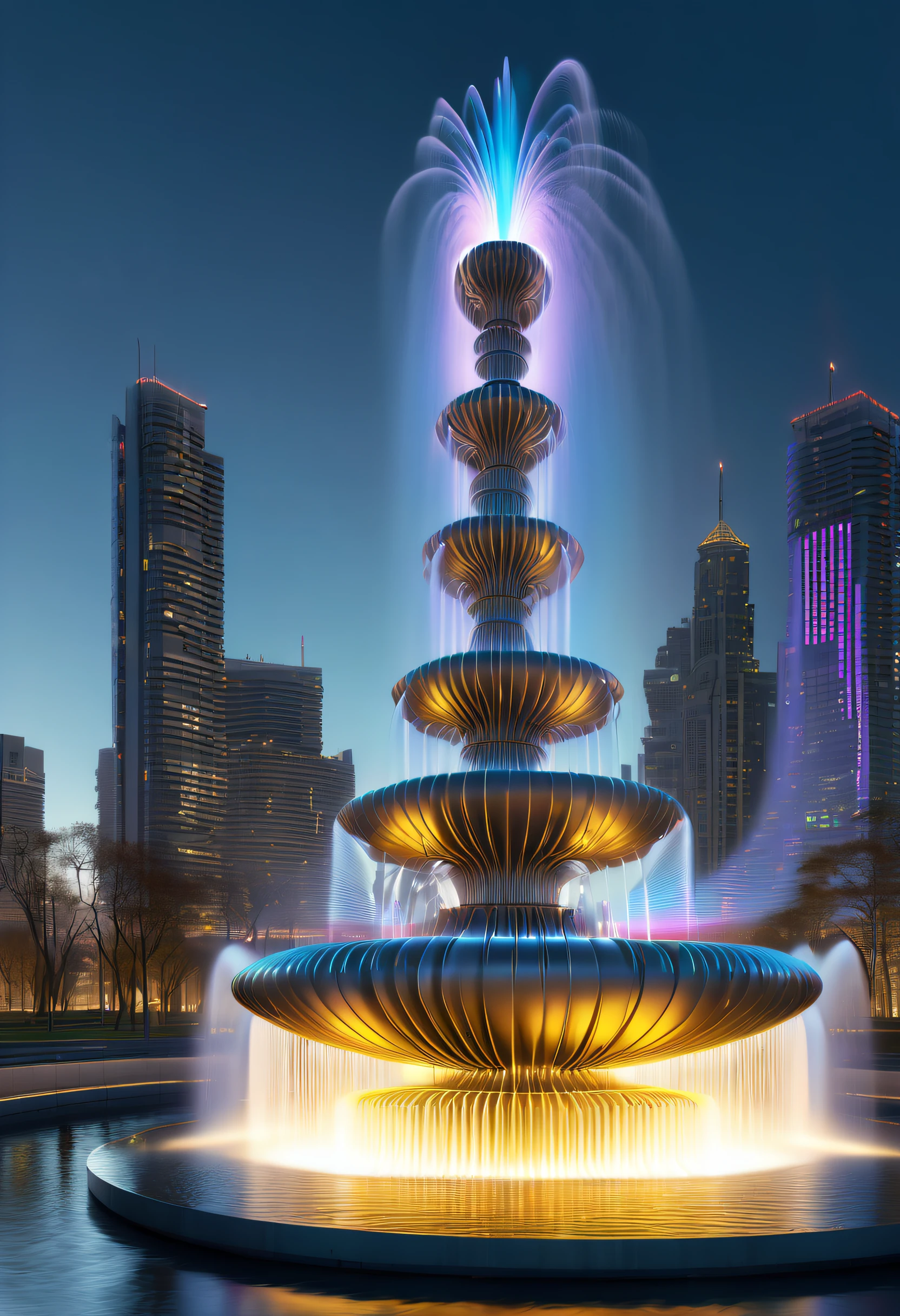 (Spectacular futuristic sci-fi night fountain:1.3)。Fountain erupts from steam engine,sparkling silver water column,The entire fountain looks mysterious and high-tech。 The shape of the water column in the fountain is also very futuristic.,(line art:1.5),Colored lines,Figures woven with metal threads,braided with metal thread,model shoot style,abstract painting, (extremely detaild的 CG unified 8k wallpapers), A chaotic storm of lines rises from a complex rainbow of smoke overhead, Stylized abstract portrait of beautiful girl,heavy metal style,postmodern industrial style,ultra-realistic realism,Image of beautiful woman sculpture made from thin metal wire, golden curve structure, Woman sculpture made of wire, Spiral dripping gold, Metal curve composition, Winding streets, abstract female sculpture, Small whirlpools, abstract sculpture, twist, Rotated, complex metal wires, spirals, long exposure photos, line sleek, complex light