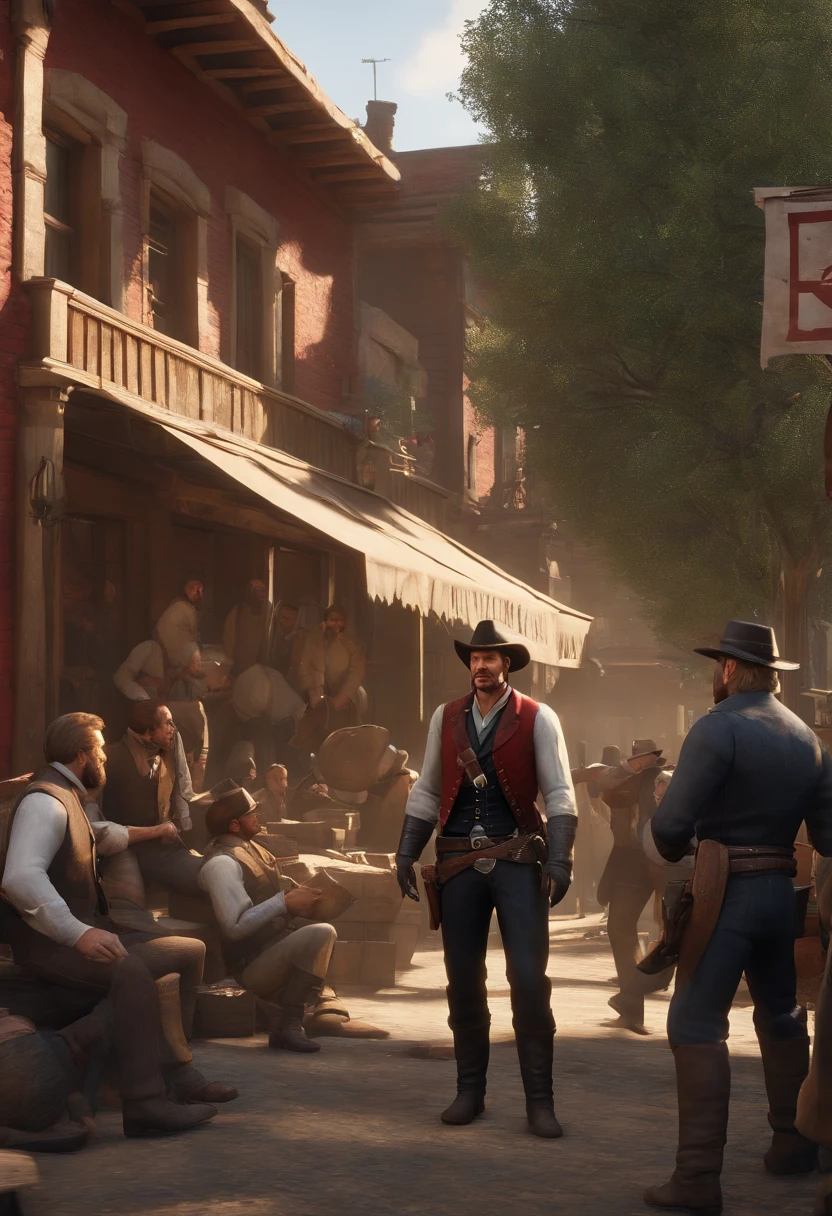 A photo of a crowded street, with people yelling and fighting. Trash cans are knocked over and there are broken bottles on the ground.,Red Dead Redemption 2,Micah has shoulder-length blond hair, along with a thick horseshoe mustache and side-whiskers. Micah is slightly portly and often wears an undone black leather coat, a red or black shirt accompanied by a red vest, a blue neckerchief, beige trousers, and a white hat.