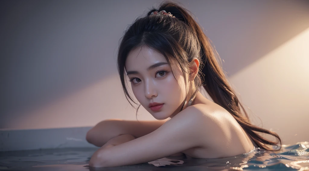 Ancient Chinese Women, 25 age old, sexy tulle saree, DAY TIME, yamamura, Calm and indifferent, Detailed body, Detailed faces, oily body, A gorgeous one, hyper realisitc, Big breasts are charming, Cute big breasts, longponytail, ambientlighting, There is fog, Winters, detailedbackground, Volumetriclighting, cel shadow, 8K