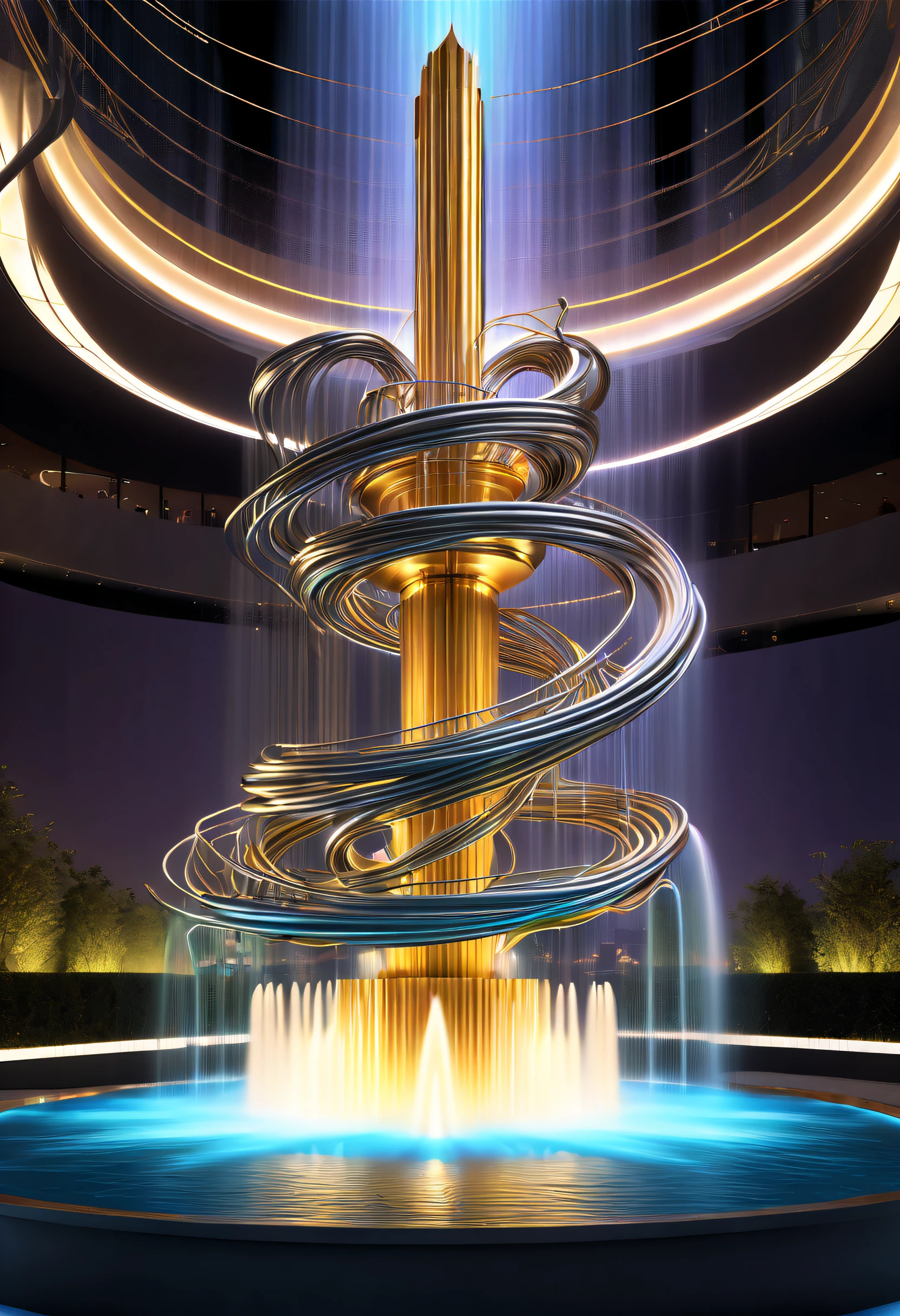 (Spectacular futuristic sci-fi night fountain:1.3)。Fountain erupts from steam engine，sparkling silver water column，The entire fountain looks mysterious and high-tech。 The shape of the water column in the fountain is also very futuristic.，(line art:1.5)，Colored lines，Figures woven with metal threads，braided with metal thread，model shoot style,abstract painting, (extremely detaild的 CG unified 8k wallpapers), A chaotic storm of lines rises from a complex rainbow of smoke overhead, Stylized abstract portrait of beautiful girl,heavy metal style，postmodern industrial style，ultra-realistic realism，Image of beautiful woman sculpture made from thin metal wire, golden curve structure, Woman sculpture made of wire, Spiral dripping gold, Metal curve composition, Winding streets, abstract female sculpture, Small whirlpools, abstract sculpture, twist, Rotated, complex metal wires, spirals, long exposure photos, line sleek, complex light