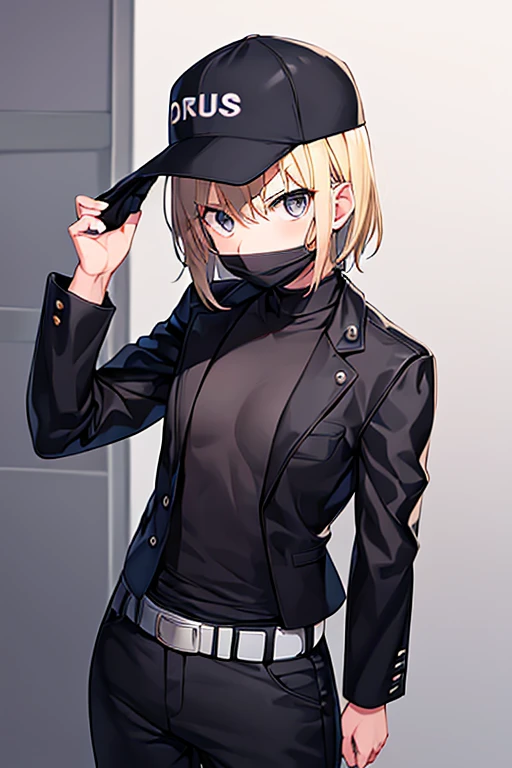 1girl, gakuran, black clothes, blonde hair, flat chest, black pants, pants, surgical mask, hat, baseball cap, short hair, black eyes, covered mouth, belt, white shirt, long pants, long shirt, jacket, mask, serious