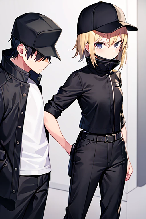 1girl, gakuran, black clothes, blonde hair, flat chest, black pants, pants, surgical mask, hat, baseball cap, short hair, black eyes, covered mouth, belt, white shirt, long pants, long shirt, jacket, mask, serious
