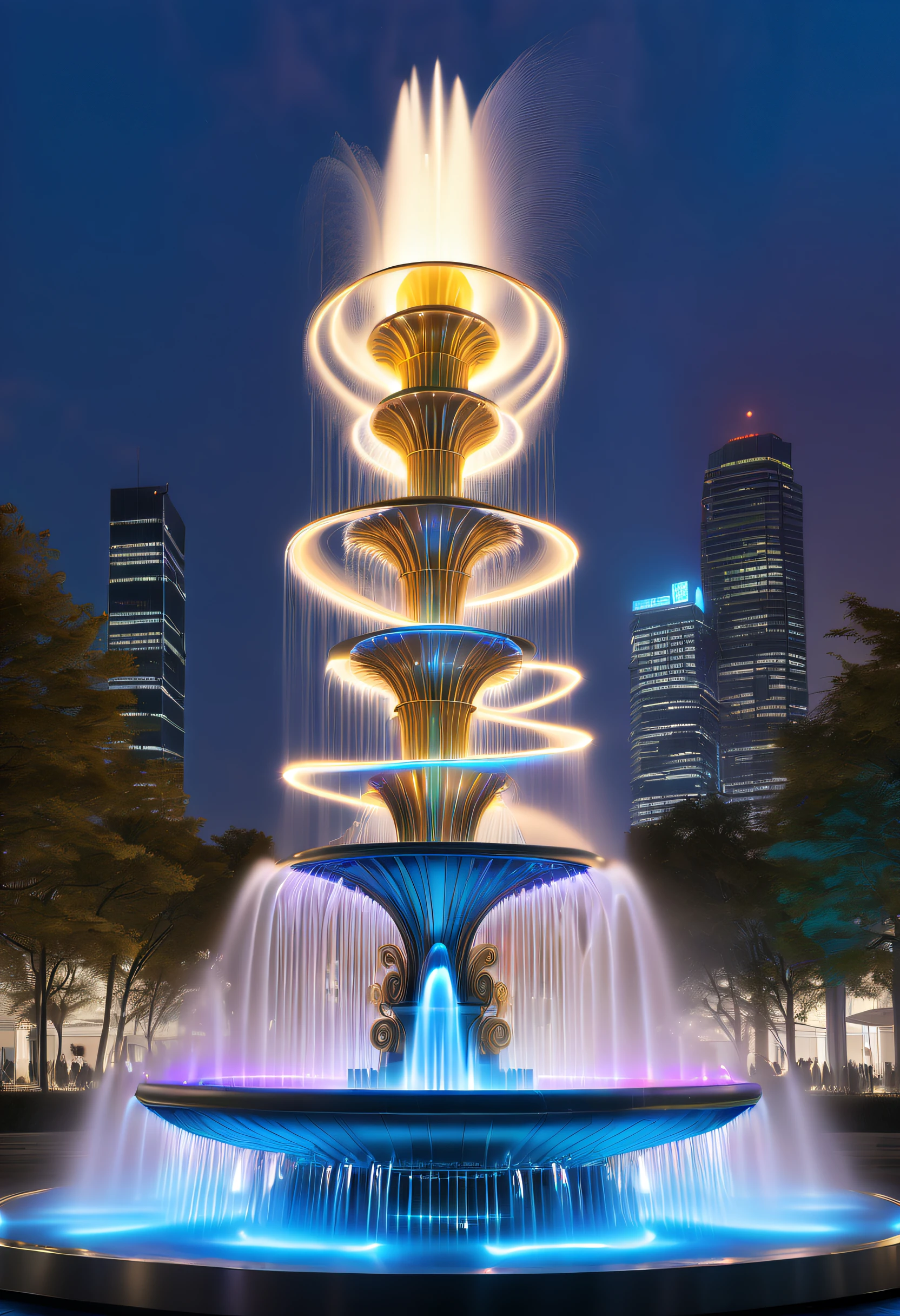 (Spectacular futuristic sci-fi night fountain:1.3)。Fountain erupts from steam engine,sparkling silver water column,The entire fountain looks mysterious and high-tech。 The shape of the water column in the fountain is also very futuristic.,(line art:1.5),Colored lines,Figures woven with metal threads,braided with metal thread,model shoot style,abstract painting, (extremely detaild的 CG unified 8k wallpapers), A chaotic storm of lines rises from a complex rainbow of smoke overhead, Stylized abstract portrait of beautiful girl,heavy metal style,postmodern industrial style,ultra-realistic realism,Image of beautiful woman sculpture made from thin metal wire, golden curve structure, Woman sculpture made of wire, Spiral dripping gold, Metal curve composition, Winding streets, abstract female sculpture, Small whirlpools, abstract sculpture, twist, Rotated, complex metal wires, spirals, long exposure photos, line sleek, complex light