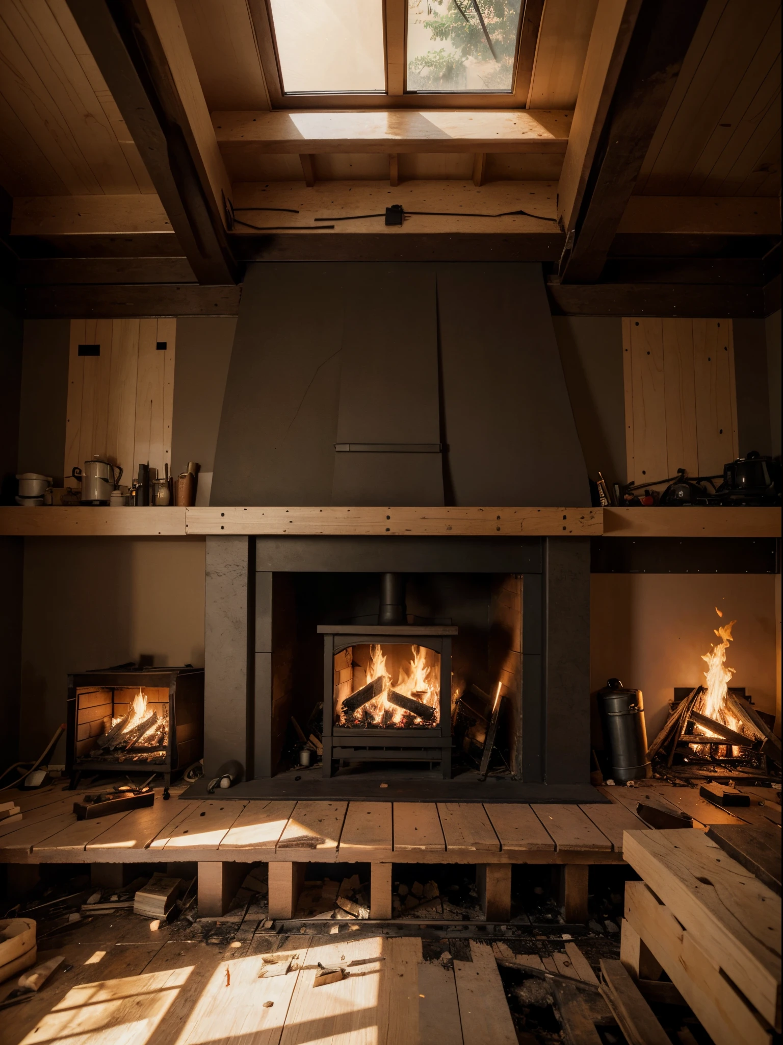 create a stunning visual of a house interior getting fire and one plywood is surviving from fire, fire resistant, fire, home interior, hd, ultra hd