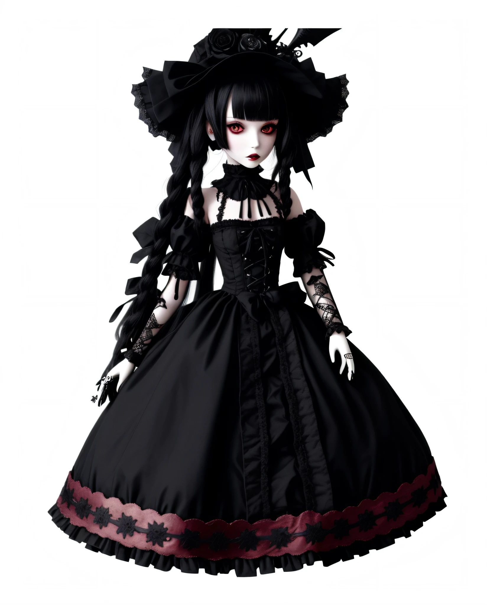 a close up of a doll with a black dress and a red ribbon, the mekanik doll, dollpunk, gothic maiden, gothic art style, goth, gothic regal and tattered black, loli, gothic!!, artdoll, gothic girl, gothic regal, lolita, patchwork doll, gothic princess portrait, an elegant gothic princess, doll, japanese gothic