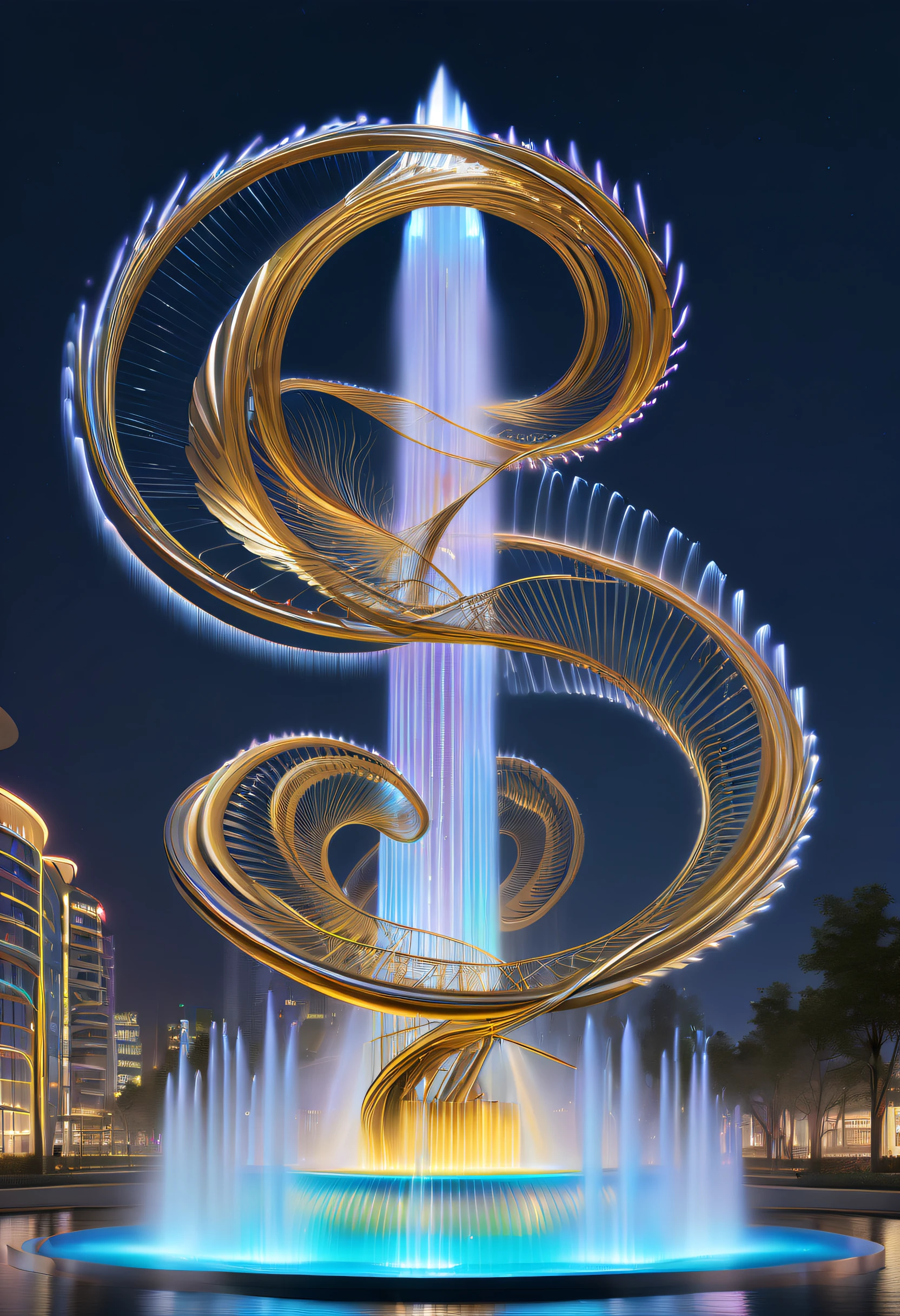 (Spectacular futuristic sci-fi night fountain:1.3)。Fountain erupts from steam engine，sparkling silver water column，The entire fountain looks mysterious and high-tech。 The shape of the water column in the fountain is also very futuristic.，(line art:1.5)，Colored lines，Figures woven with metal threads，braided with metal thread，model shoot style,abstract painting, (extremely detaild的 CG unified 8k wallpapers), A chaotic storm of lines rises from a complex rainbow of smoke overhead, Stylized abstract portrait of beautiful girl,heavy metal style，postmodern industrial style，ultra-realistic realism，Image of beautiful woman sculpture made from thin metal wire, golden curve structure, Woman sculpture made of wire, Spiral dripping gold, Metal curve composition, Winding streets, abstract female sculpture, Small whirlpools, abstract sculpture, twist, Rotated, complex metal wires, spirals, long exposure photos, line sleek, complex light