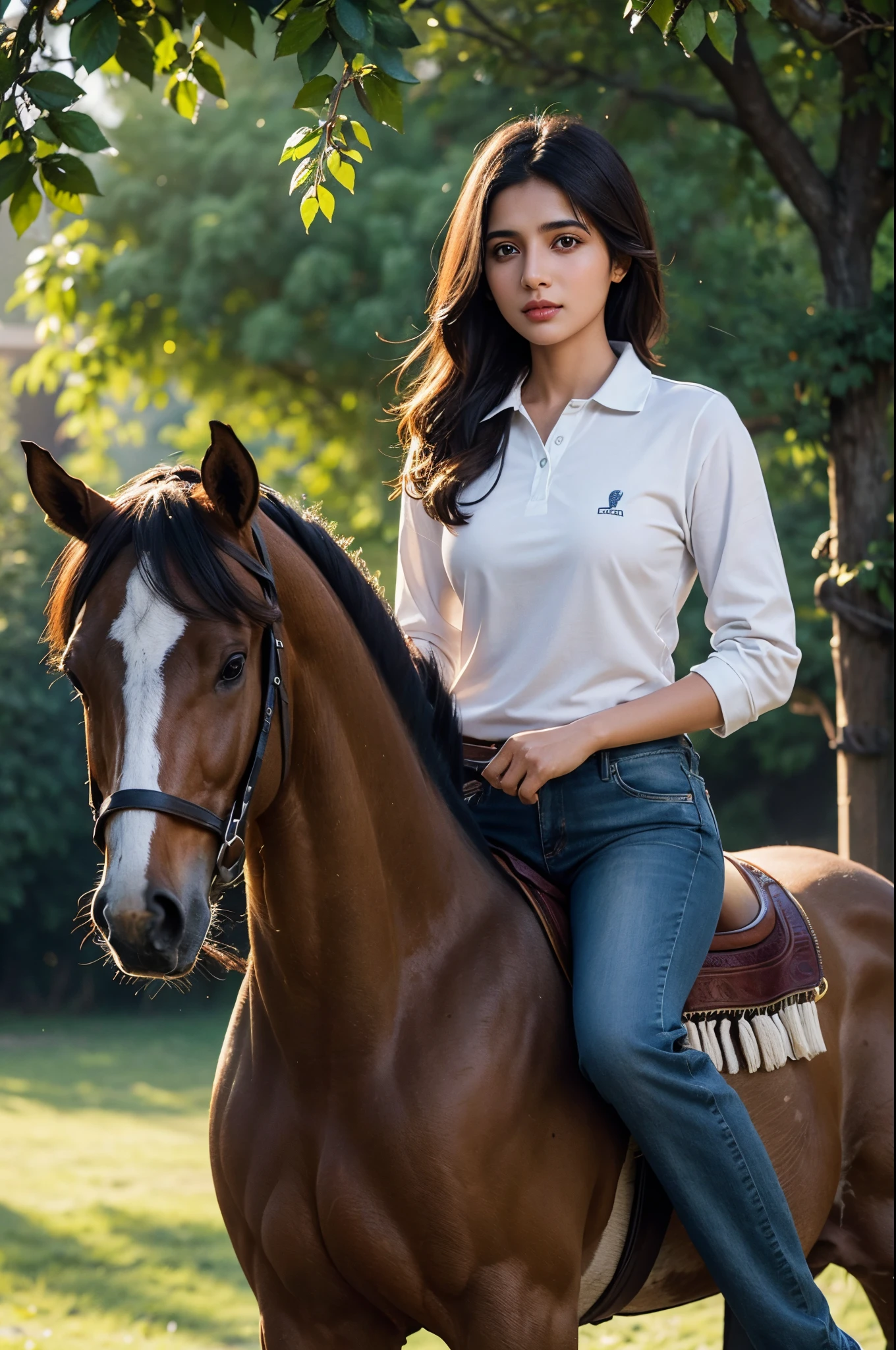 a pakistani woman in a white polo shirt and jeans standing next to a brown horse, equine photo, equine photography, horse in background, with horse driven, equestrian photography, high quality portrait, shot at golden hour, , detailed portrait shot, on a horse, amazing professional picture, by Emma Andijewska