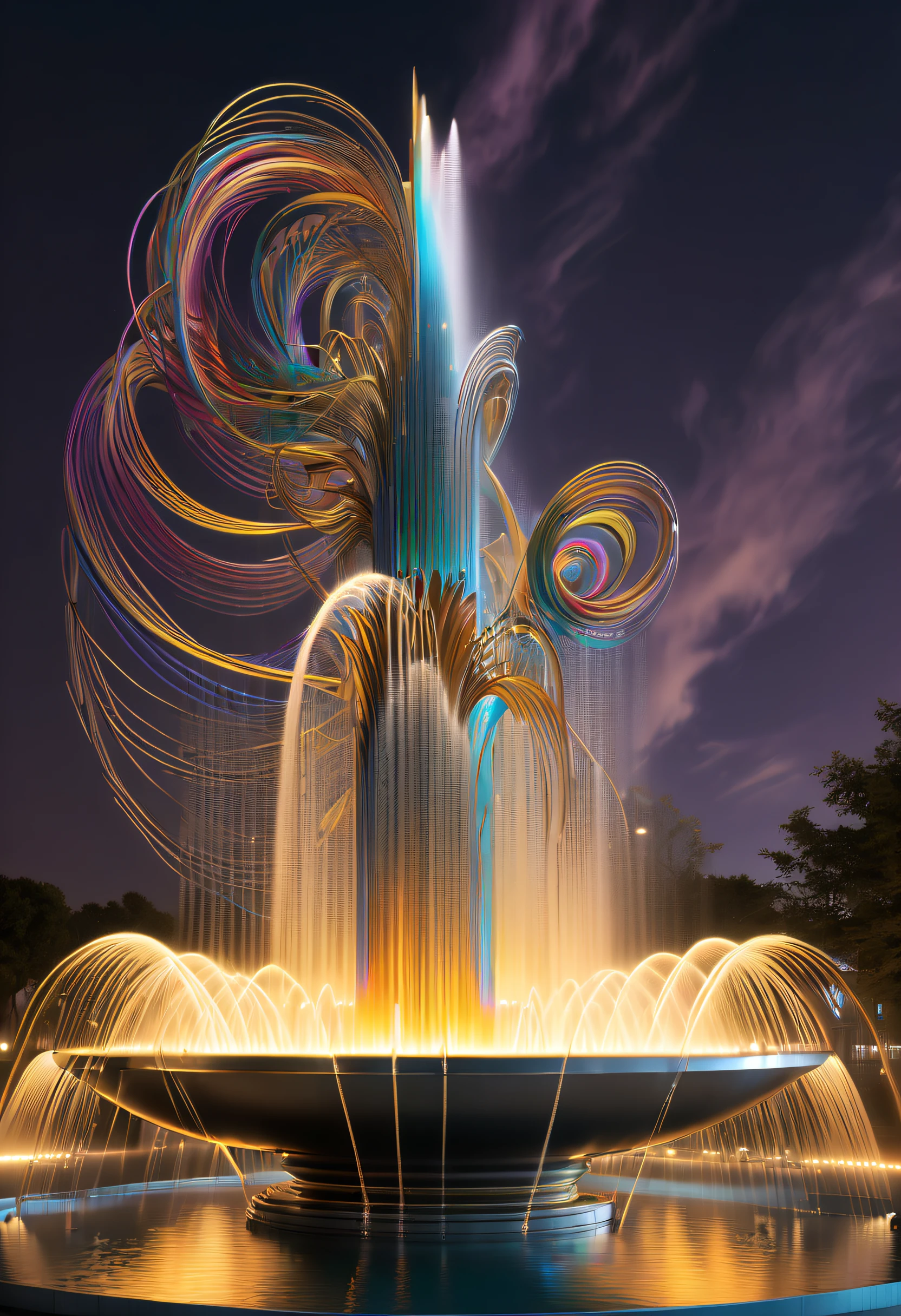 (Spectacular futuristic sci-fi night fountain:1.3)。Fountain erupts from steam engine,sparkling silver water column,The entire fountain looks mysterious and high-tech。 The shape of the water column in the fountain is also very futuristic.,(line art:1.5),Colored lines,Figures woven with metal threads,braided with metal thread,model shoot style,abstract painting, (extremely detaild的 CG unified 8k wallpapers), A chaotic storm of lines rises from a complex rainbow of smoke overhead, Stylized abstract portrait of beautiful girl,heavy metal style,postmodern industrial style,ultra-realistic realism,Image of beautiful woman sculpture made from thin metal wire, golden curve structure, Woman sculpture made of wire, Spiral dripping gold, Metal curve composition, Winding streets, abstract female sculpture, Small whirlpools, abstract sculpture, twist, Rotated, complex metal wires, spirals, long exposure photos, line sleek, complex light