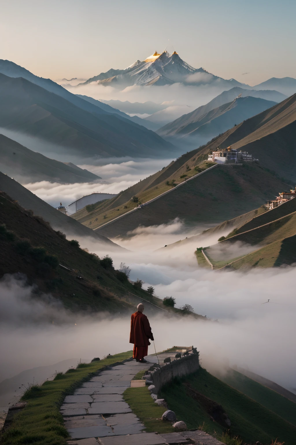 chinese monk on Tibet, early morning, fog