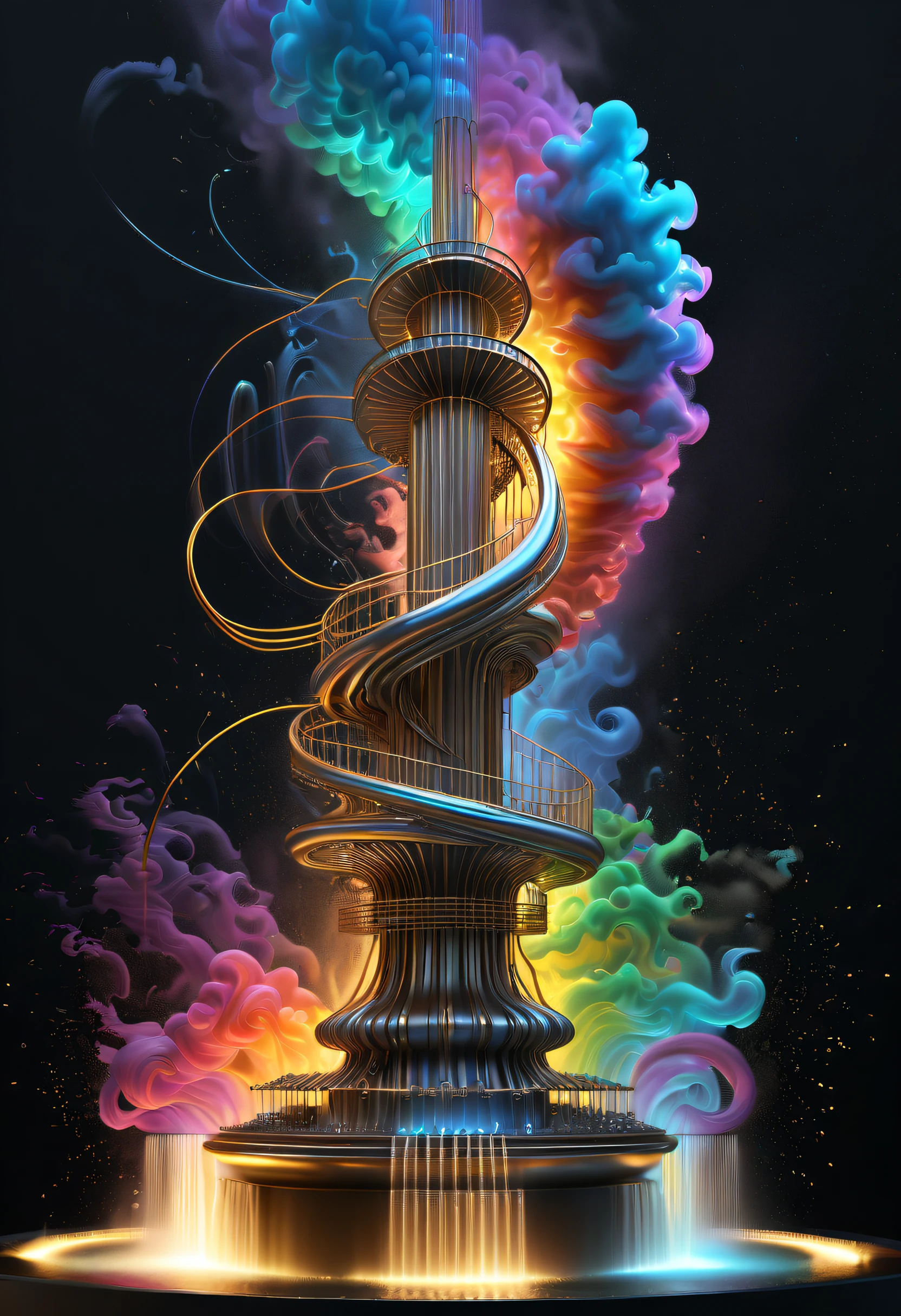 Spectacular futuristic sci-fi night fountain。Fountain erupts from steam engine，sparkling silver water column，The entire fountain looks mysterious and high-tech。 The shape of the water column in the fountain is also very futuristic.，(line art:1.5)，Colored lines，Figures woven with metal threads，braided with metal thread，model shoot style,abstract painting, (extremely detaild的 CG unified 8k wallpapers), A chaotic storm of lines rises from a complex rainbow of smoke overhead, Stylized abstract portrait of beautiful girl,heavy metal style，postmodern industrial style，ultra-realistic realism，Image of beautiful woman sculpture made from thin metal wire, golden curve structure, Woman sculpture made of wire, Spiral dripping gold, Metal curve composition, Winding streets, abstract female sculpture, Small whirlpools, abstract sculpture, twist, Rotated, complex metal wires, spirals, long exposure photos, line sleek, complex light