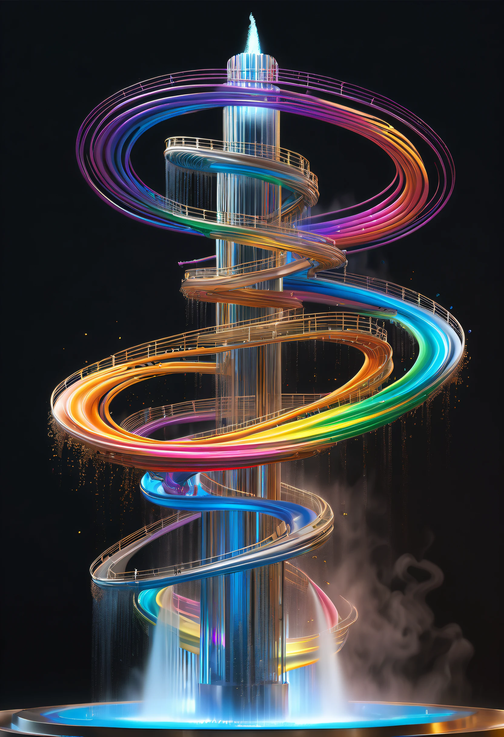 Spectacular futuristic sci-fi night fountain。Fountain erupts from steam engine,sparkling silver water column,The entire fountain looks mysterious and high-tech。 The shape of the water column in the fountain is also very futuristic.,(line art:1.5),Colored lines,Figures woven with metal threads,braided with metal thread,model shoot style,abstract painting, (extremely detaild的 CG unified 8k wallpapers), A chaotic storm of lines rises from a complex rainbow of smoke overhead, Stylized abstract portrait of beautiful girl,heavy metal style,postmodern industrial style,ultra-realistic realism,Image of beautiful woman sculpture made from thin metal wire, golden curve structure, Woman sculpture made of wire, Spiral dripping gold, Metal curve composition, Winding streets, abstract female sculpture, Small whirlpools, abstract sculpture, twist, Rotated, complex metal wires, spirals, long exposure photos, line sleek, complex light