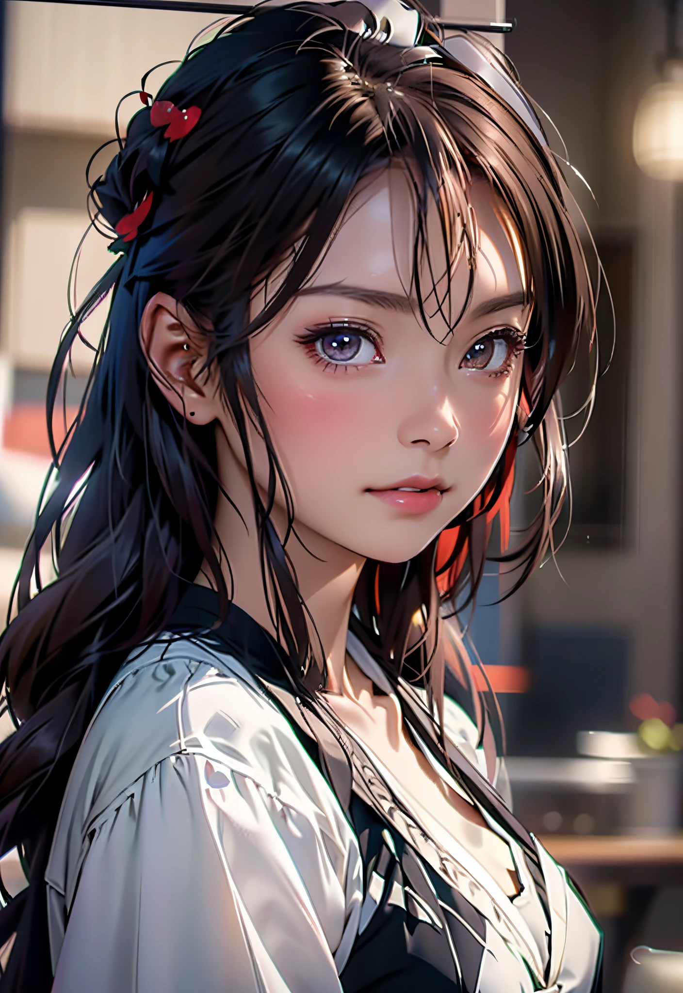 8K, of the highest quality, masutepiece:1.2), (Realistic, Photorealsitic:1.37), of the highest quality, masutepiece, Beautiful young woman, Pensive expression,、A charming、and an inviting look, Cute Maid Clothes, Hair tied back, Cinematic background, Light skin tone