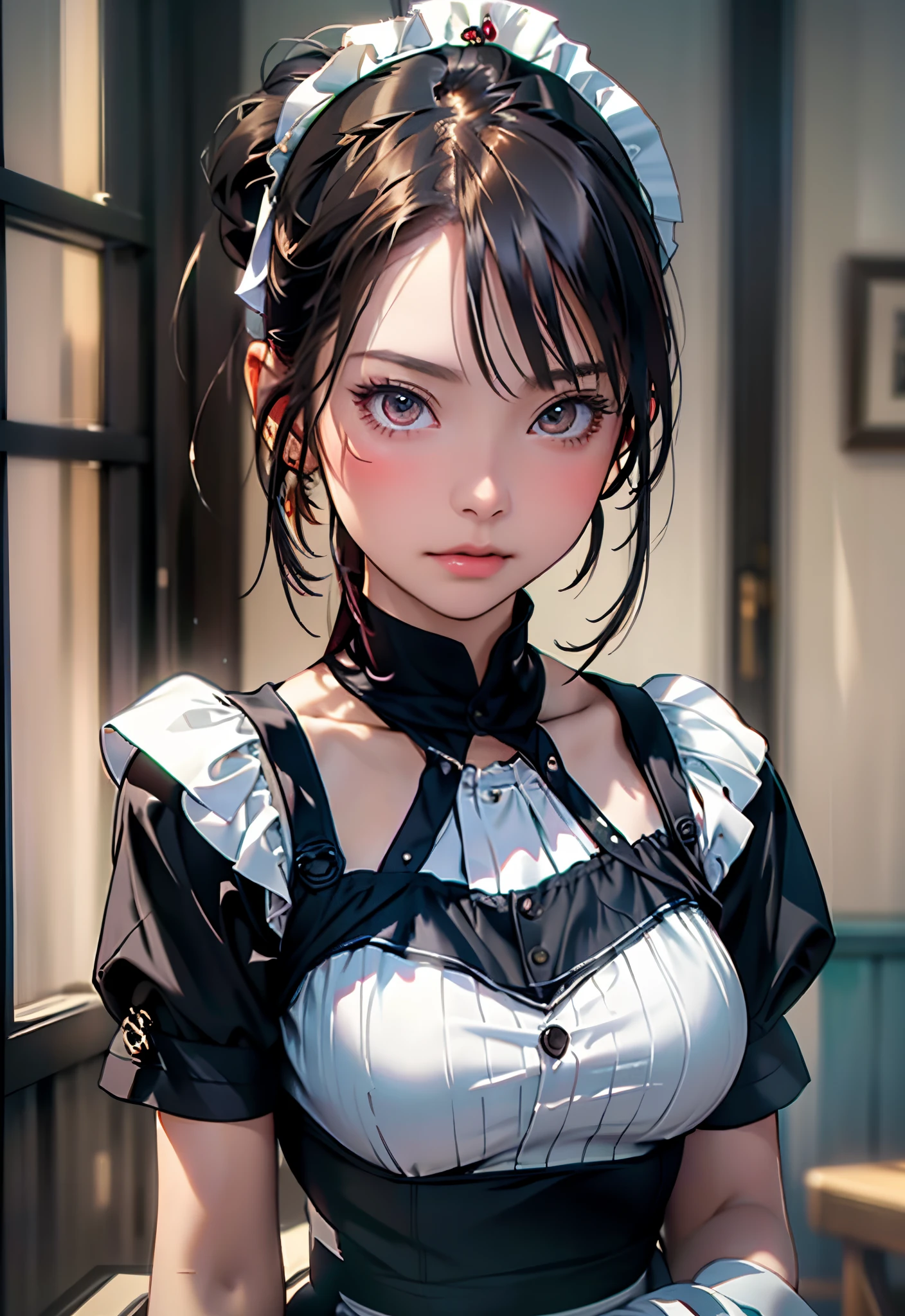 8K, of the highest quality, masutepiece:1.2), (Realistic, Photorealsitic:1.37), of the highest quality, masutepiece, Beautiful young woman, Pensive expression,、A charming、and an inviting look, Cute Maid Clothes, Hair tied back, Cinematic background, Light skin tone