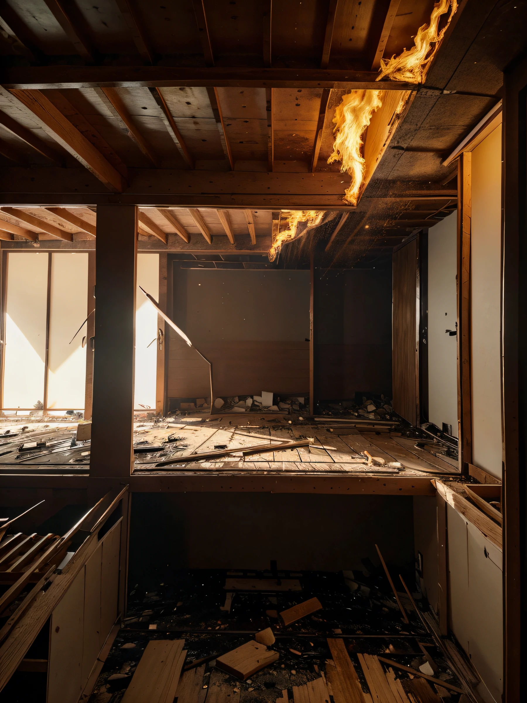 create a stunning visual of a house interior getting fire and one plywood is surviving from fire, fire resistant, fire, home interior, hd, ultra hd
