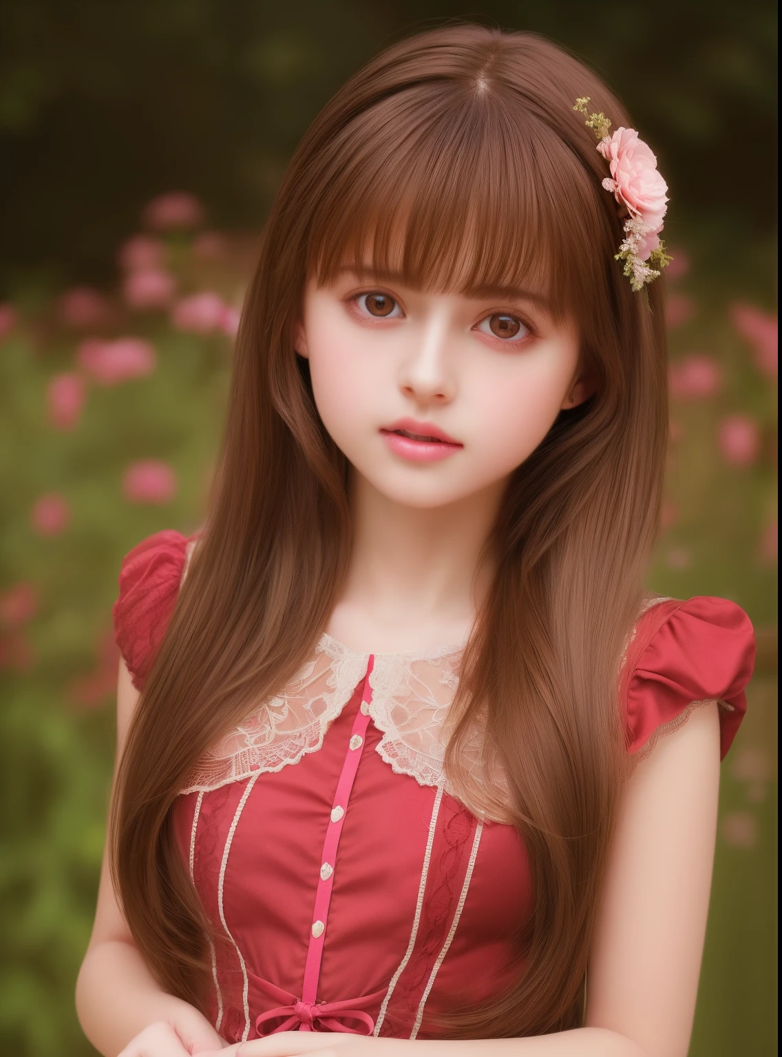 1girl, beautiful age girl, cute,small breasts, long straight brown hair,uniform, princess pink dress, lace trimmed , flowers, portrait, oil painting, modern, realistic proportions, intricate, intricate details, sharp focus