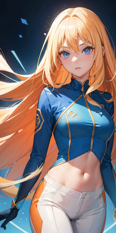 1girl, long blond hair, blue eyes, blue light particles, high contrast, colorful, left cheek electric scar, orange jacket, blue shirt, blue top, blue skinsuit, white pants