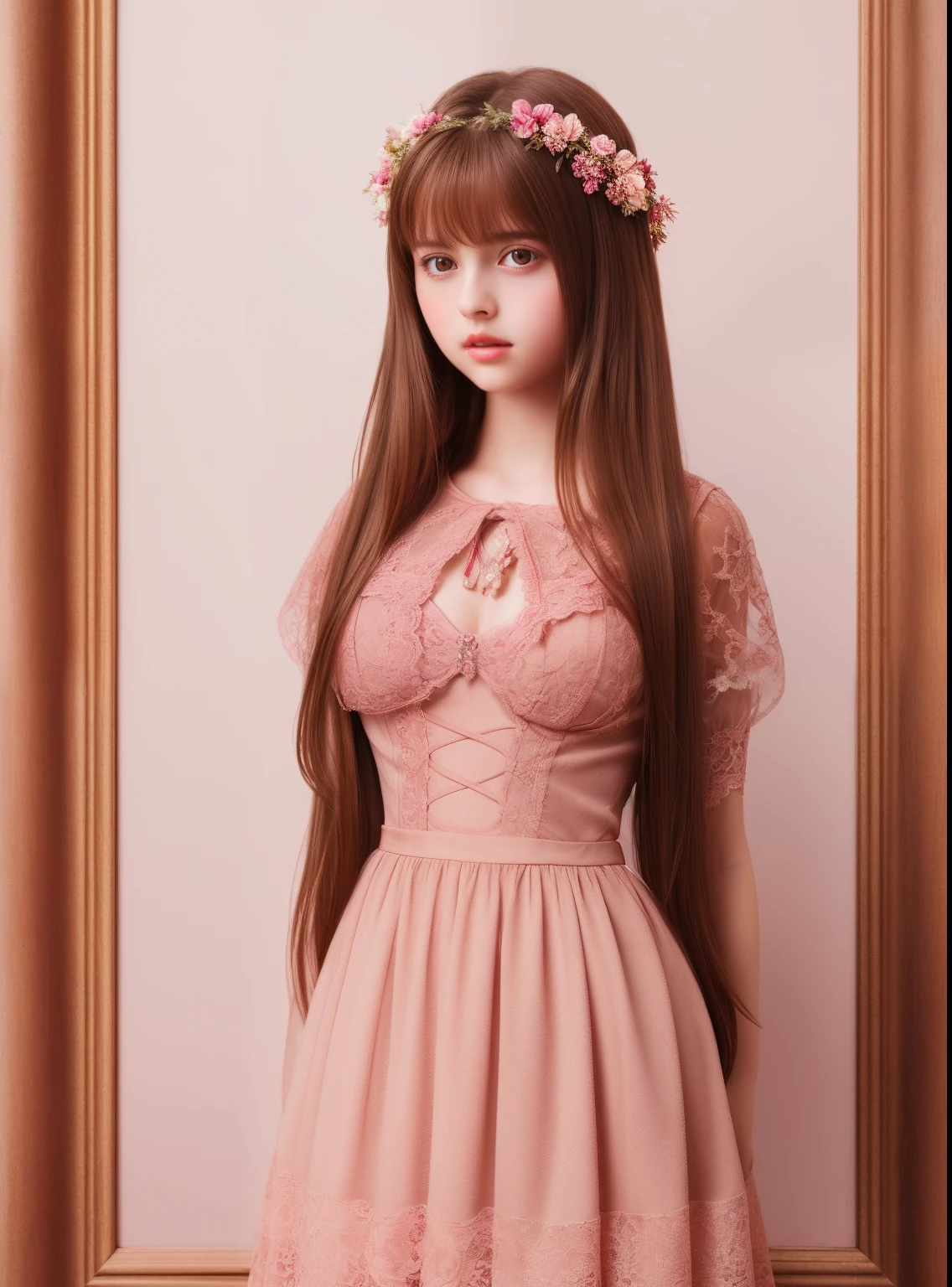 1girl, beautiful teenage girl, cute,small breasts, long straight brown hair,uniform, princess pink dress, lace trimmed , flowers, portrait, oil painting, modern, realistic proportions, intricate, intricate details, sharp focus