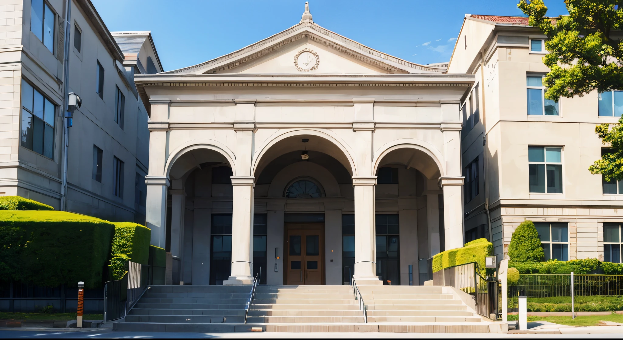 The front entrance to a large public school, centered, outside school gate, steps