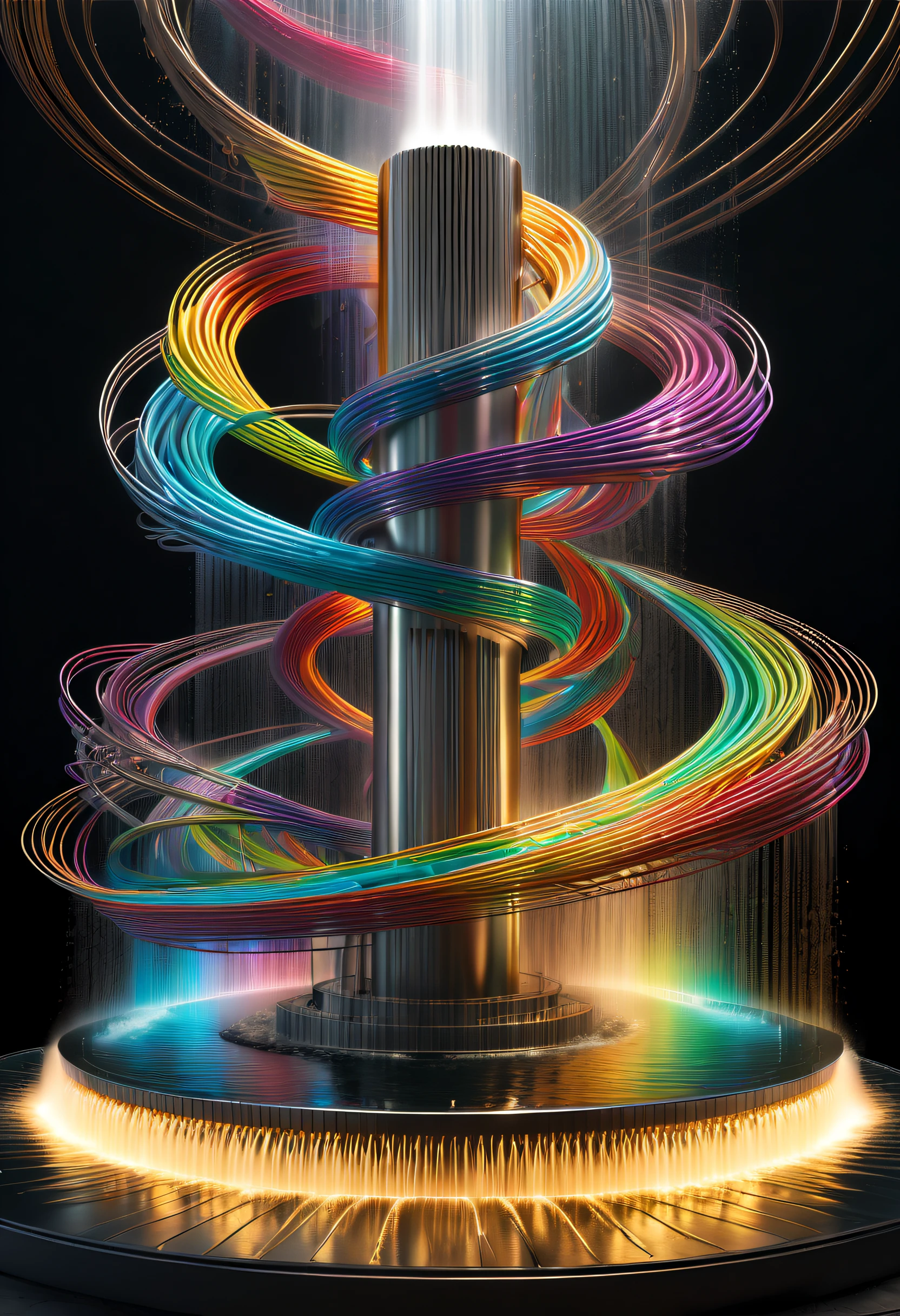 Spectacular futuristic sci-fi night fountain。Fountain erupts from steam engine,sparkling silver water column,The entire fountain looks mysterious and high-tech。 The shape of the water column in the fountain is also very futuristic.,(line art:1.5),Colored lines,Figures woven with metal threads,braided with metal thread,model shoot style,abstract painting, (extremely detaild的 CG unified 8k wallpapers), A chaotic storm of lines rises from a complex rainbow of smoke overhead, Stylized abstract portrait of beautiful girl,heavy metal style,postmodern industrial style,ultra-realistic realism,Image of beautiful woman sculpture made from thin metal wire, golden curve structure, Woman sculpture made of wire, Spiral dripping gold, Metal curve composition, Winding streets, abstract female sculpture, Small whirlpools, abstract sculpture, twist, Rotated, complex metal wires, spirals, long exposure photos, line sleek, complex light