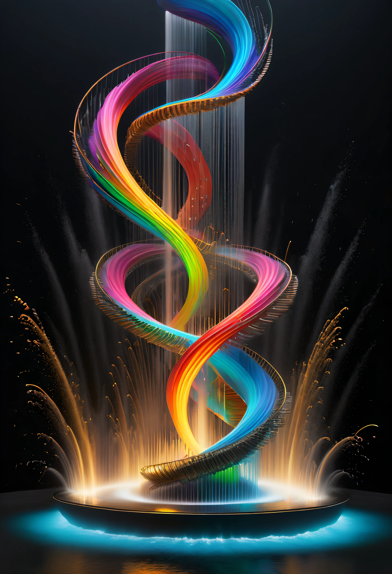 Spectacular futuristic sci-fi night fountain。Fountain erupts from steam engine,sparkling silver water column,The entire fountain looks mysterious and high-tech。 The shape of the water column in the fountain is also very futuristic.,(line art:1.5),Colored lines,Figures woven with metal threads,braided with metal thread,model shoot style,abstract painting, (extremely detaild的 CG unified 8k wallpapers), A chaotic storm of lines rises from a complex rainbow of smoke overhead, Stylized abstract portrait of beautiful girl,heavy metal style,postmodern industrial style,ultra-realistic realism,Image of beautiful woman sculpture made from thin metal wire, golden curve structure, Woman sculpture made of wire, Spiral dripping gold, Metal curve composition, Winding streets, abstract female sculpture, Small whirlpools, abstract sculpture, twist, Rotated, complex metal wires, spirals, long exposure photos, line sleek, complex light