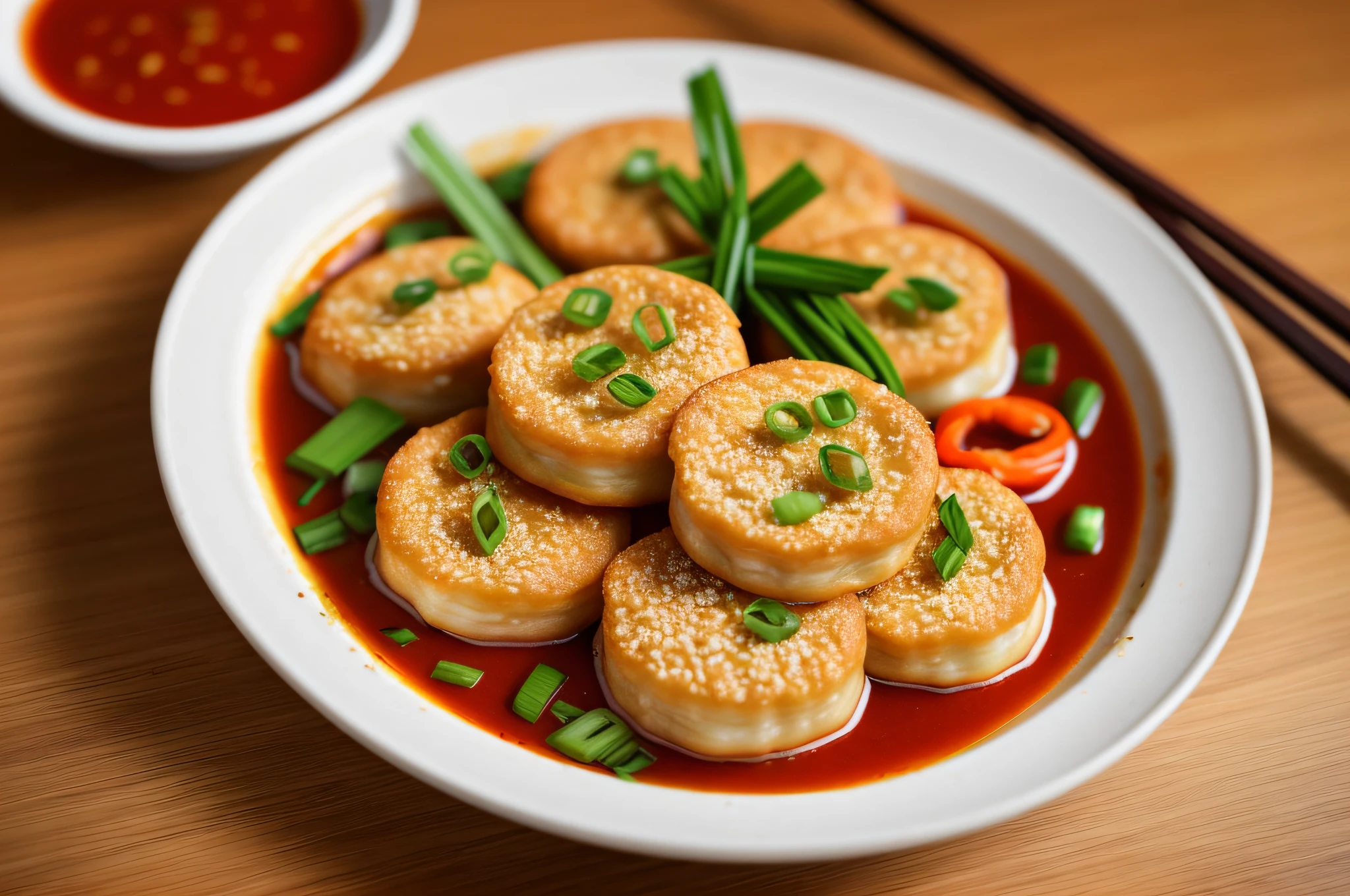 A Chinese dish made with a thin pastry wrapper that is filled with meat, seafood, or vegetables. They are often deep-fried and served with dipping sauce.. photorealistic. Selective Focus Shot. photorealistic --auto --s2