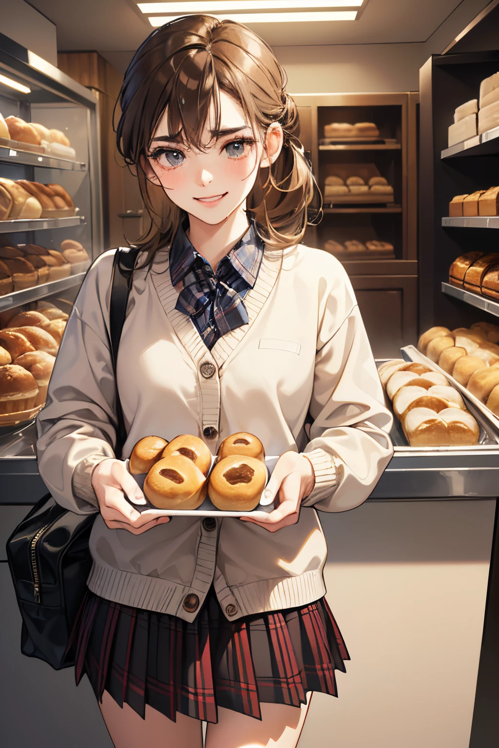(masutepiece, Digital Art, Digital Illustration, 4K, 8K, Ultra-detailed, beautiful image, Sharp Image, Photorealistic, Raw photo, Perfect face, Perfect lines, Perfect eyes, Soft lighting) 1 woman, (lightbrown hair,Chignon hair in a high position,Innocent look,Lowered eyebrows,drooping eyebrows,drooing eyes,cute large eyes,natural make up,kindly smile,Round jaws,petite female:1.3),Two handsome men in suits, (ember,men are wearing uniforms,well-muscled,Firm shoulder width,Adult male,Boyish hairstyle,English gentlemanly style,Cool boys、man with bright smile:1.2),(Nervous,be shy,sleepy,embarrassed from:1.2),innocent smiles,(embarrassed from,Shy smile:1.1),A bakery full of light、Bakery、A lot of bread、校服、blazers、Black Plaid Pleated Skirt、baggy cardigan、hi-school girl、Eat-in、Eating bread