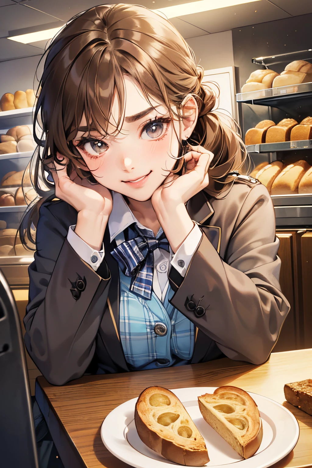 (masutepiece, Digital Art, Digital Illustration, 4K, 8K, Ultra-detailed, beautiful image, Sharp Image, Photorealistic, Raw photo, Perfect face, Perfect lines, Perfect eyes, Soft lighting) 1 woman, (lightbrown hair,Chignon hair in a high position,Innocent look,Lowered eyebrows,drooping eyebrows,drooing eyes,cute large eyes,natural make up,kindly smile,Round jaws,petite female:1.3),Two handsome men in suits, (ember,men are wearing uniforms,well-muscled,Firm shoulder width,Adult male,Boyish hairstyle,English gentlemanly style,Cool boys、man with bright smile:1.2),(Nervous,be shy,sleepy,embarrassed from:1.2),innocent smiles,(embarrassed from,Shy smile:1.1),A bakery full of light、Bakery、A lot of bread、校服、blazers、Black Plaid Pleated Skirt、baggy cardigan、hi-school girl、Eat-in、Eating bread