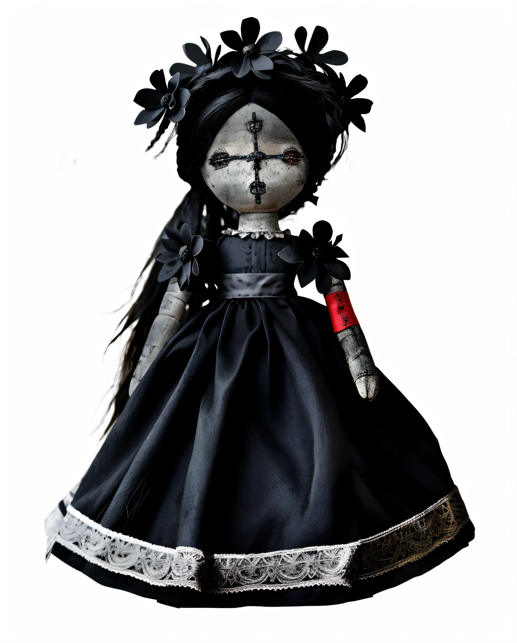 a close up of a doll with a black dress and a red ribbon, doll punk, gothic maiden, gothic art style, goth, gothic regal and tattered black, gothic!!, art doll, gothic girl, gothic regal, patchwork doll, gothic princess portrait, an elegant gothic princess, doll