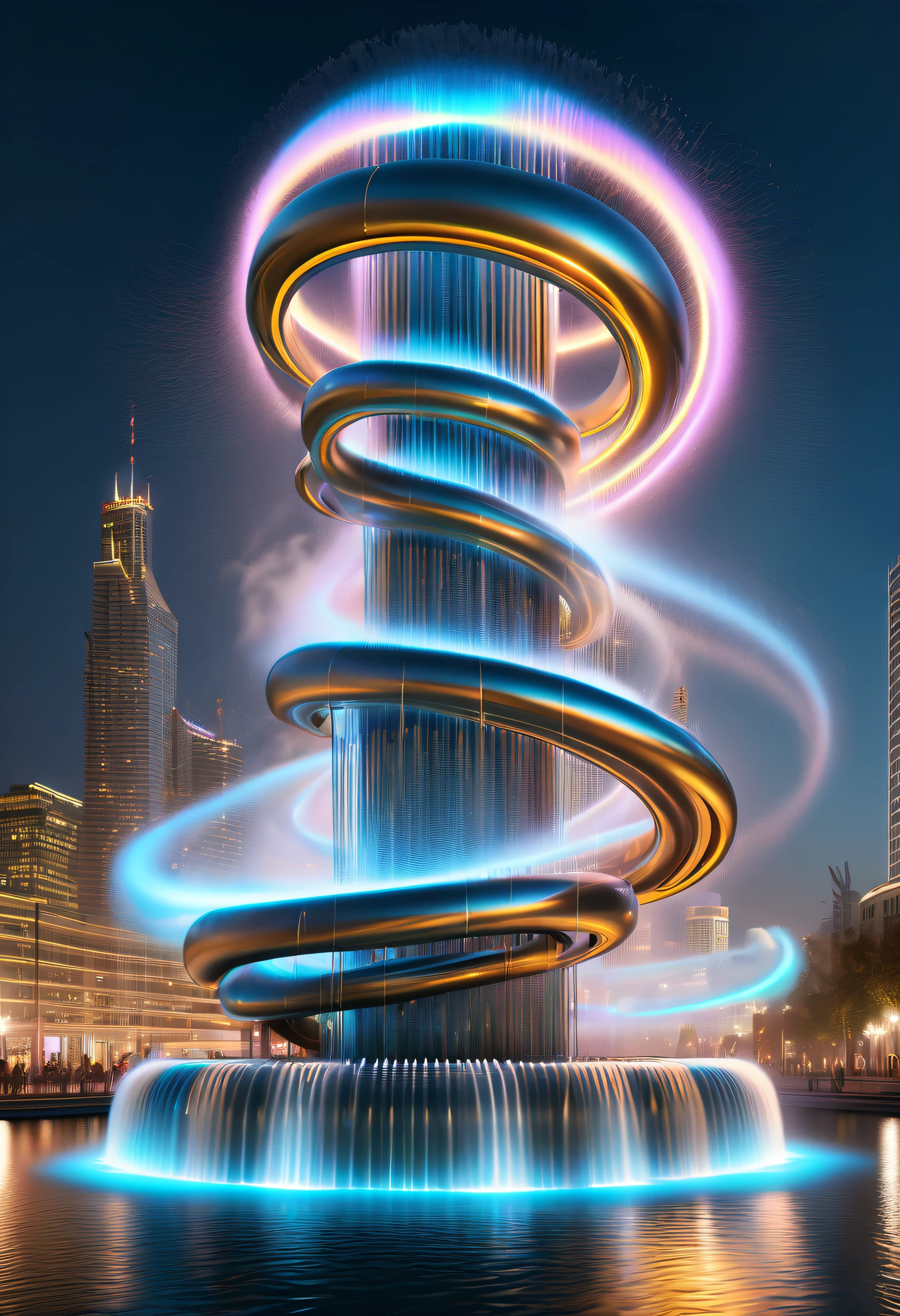 Spectacular futuristic sci-fi night fountain。Fountain erupts from steam engine，sparkling silver water column，The entire fountain looks mysterious and high-tech。 The shape of the water column in the fountain is also very futuristic.，(line art:1.5)，Colored lines，Figures woven with metal threads，braided with metal thread，model shoot style,abstract painting, (extremely detaild的 CG unified 8k wallpapers), A chaotic storm of lines rises from a complex rainbow of smoke overhead, Stylized abstract portrait of beautiful girl,heavy metal style，postmodern industrial style，ultra-realistic realism，Image of beautiful woman sculpture made from thin metal wire, golden curve structure, Woman sculpture made of wire, Spiral dripping gold, Metal curve composition, Winding streets, abstract female sculpture, Small whirlpools, abstract sculpture, twist, Rotated, complex metal wires, spirals, long exposure photos, line sleek, complex light