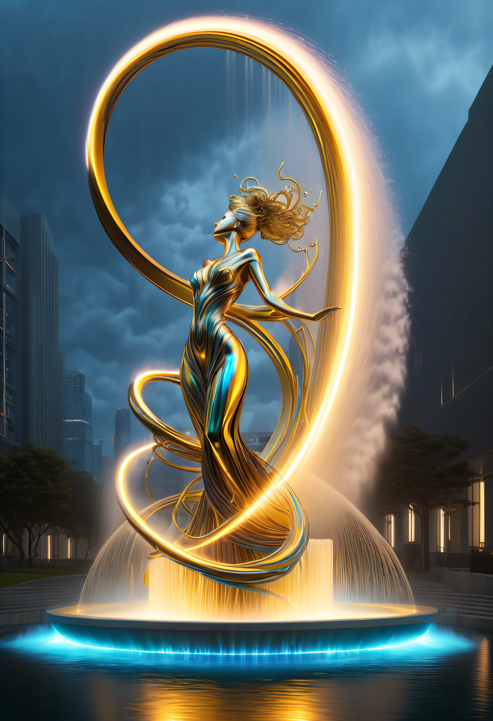 Spectacular futuristic sci-fi night fountain。Fountain erupts from steam engine，sparkling silver water column，The entire fountain looks mysterious and high-tech。 The shape of the water column in the fountain is also very futuristic.，(line art:1.5)，Colored lines，Figures woven with metal threads，braided with metal thread，model shoot style,abstract painting, (extremely detaild的 CG unified 8k wallpapers), A chaotic storm of lines rises from a complex rainbow of smoke overhead, Stylized abstract portrait of beautiful girl,heavy metal style，postmodern industrial style，ultra-realistic realism，Image of beautiful woman sculpture made from thin metal wire, golden curve structure, Woman sculpture made of wire, Spiral dripping gold, Metal curve composition, Winding streets, abstract female sculpture, Small whirlpools, abstract sculpture, twist, Rotated, complex metal wires, spirals, long exposure photos, line sleek, complex light