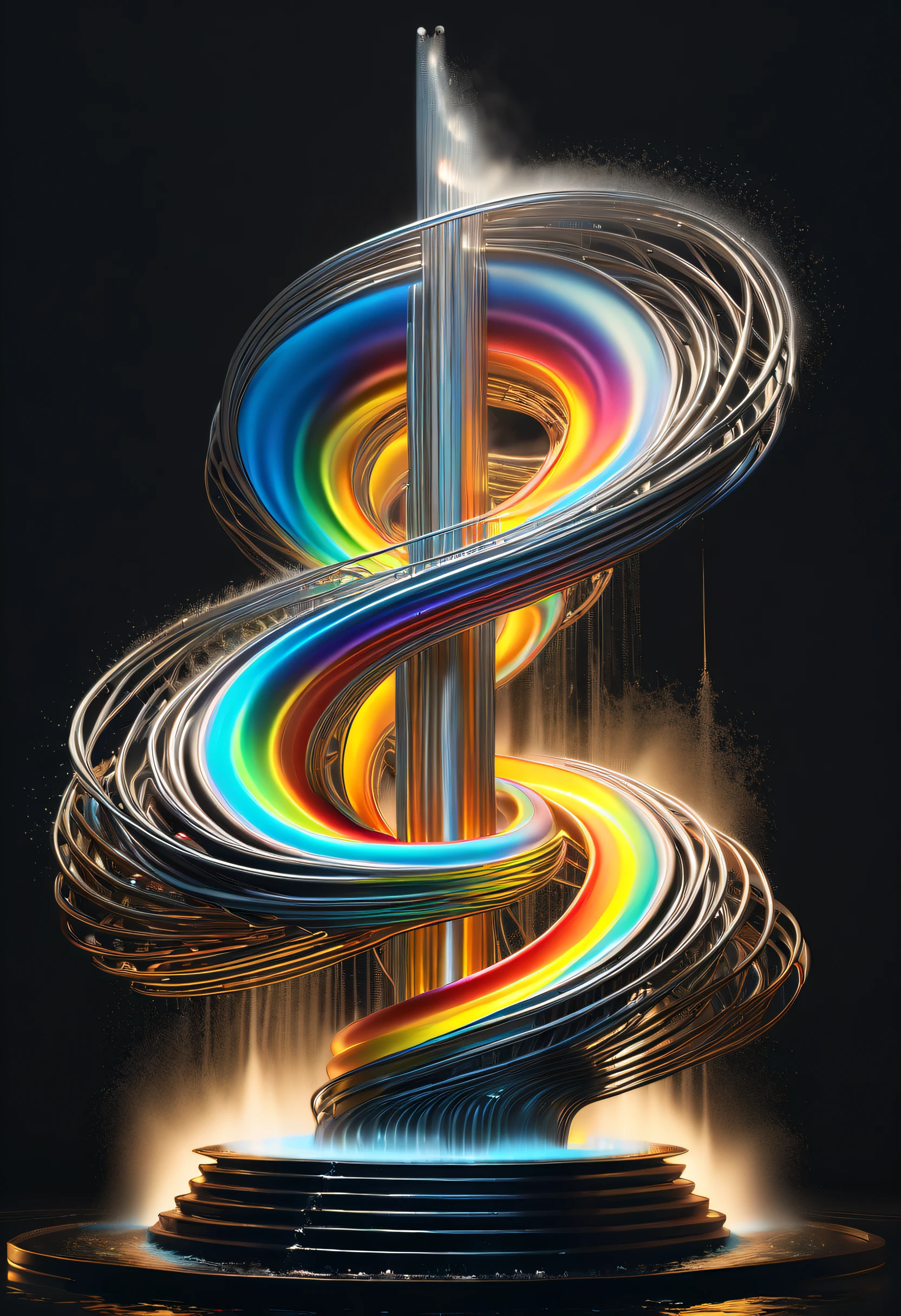 Spectacular futuristic sci-fi night fountain。Fountain erupts from steam engine，sparkling silver water column，The entire fountain looks mysterious and high-tech。 The shape of the water column in the fountain is also very futuristic.，(line art:1.5)，Colored lines，Figures woven with metal threads，braided with metal thread，model shoot style,abstract painting, (extremely detaild的 CG unified 8k wallpapers), A chaotic storm of lines rises from a complex rainbow of smoke overhead, Stylized abstract portrait of beautiful girl,heavy metal style，postmodern industrial style，ultra-realistic realism，Image of beautiful woman sculpture made from thin metal wire, golden curve structure, Woman sculpture made of wire, Spiral dripping gold, Metal curve composition, Winding streets, abstract female sculpture, Small whirlpools, abstract sculpture, twist, Rotated, complex metal wires, spirals, long exposure photos, line sleek, complex light