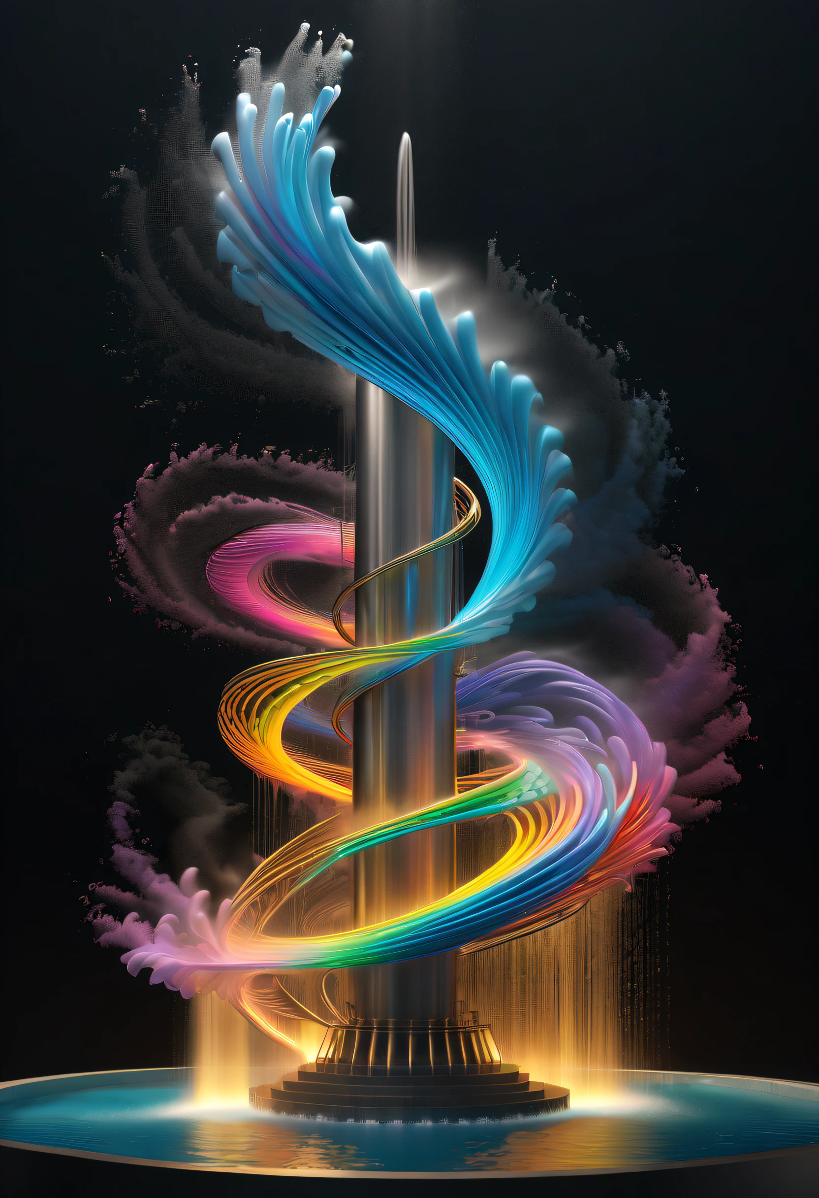 Spectacular futuristic sci-fi night fountain。Fountain erupts from steam engine,sparkling silver water column,The entire fountain looks mysterious and high-tech。 The shape of the water column in the fountain is also very futuristic.,(line art:1.5),Colored lines,Figures woven with metal threads,braided with metal thread,model shoot style,abstract painting, (extremely detaild的 CG unified 8k wallpapers), A chaotic storm of lines rises from a complex rainbow of smoke overhead, Stylized abstract portrait of beautiful girl,heavy metal style,postmodern industrial style,ultra-realistic realism,Image of beautiful woman sculpture made from thin metal wire, golden curve structure, Woman sculpture made of wire, Spiral dripping gold, Metal curve composition, Winding streets, abstract female sculpture, Small whirlpools, abstract sculpture, twist, Rotated, complex metal wires, spirals, long exposure photos, line sleek, complex light