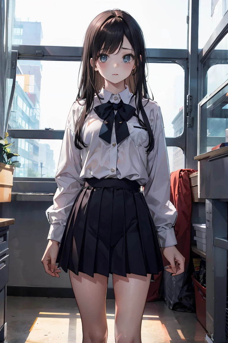 Ultra detailed, ultra realistic, ultra quality, masterpiece, Best Quality, black hair, aquamarine eyes, very pale skin, wearing a school clothes, white blouse, blue skirt, blue neck lace, perfect lean legs , slim body, 1 girl, long sleeves, school girl, 18-years-old, standing, short skirt, embarassed, really shy, inside classroom, petite but mature, sexy and cute, parted bangs, forehead, little chest, dramatic lighting, 18-years-old, attractive youg woman,